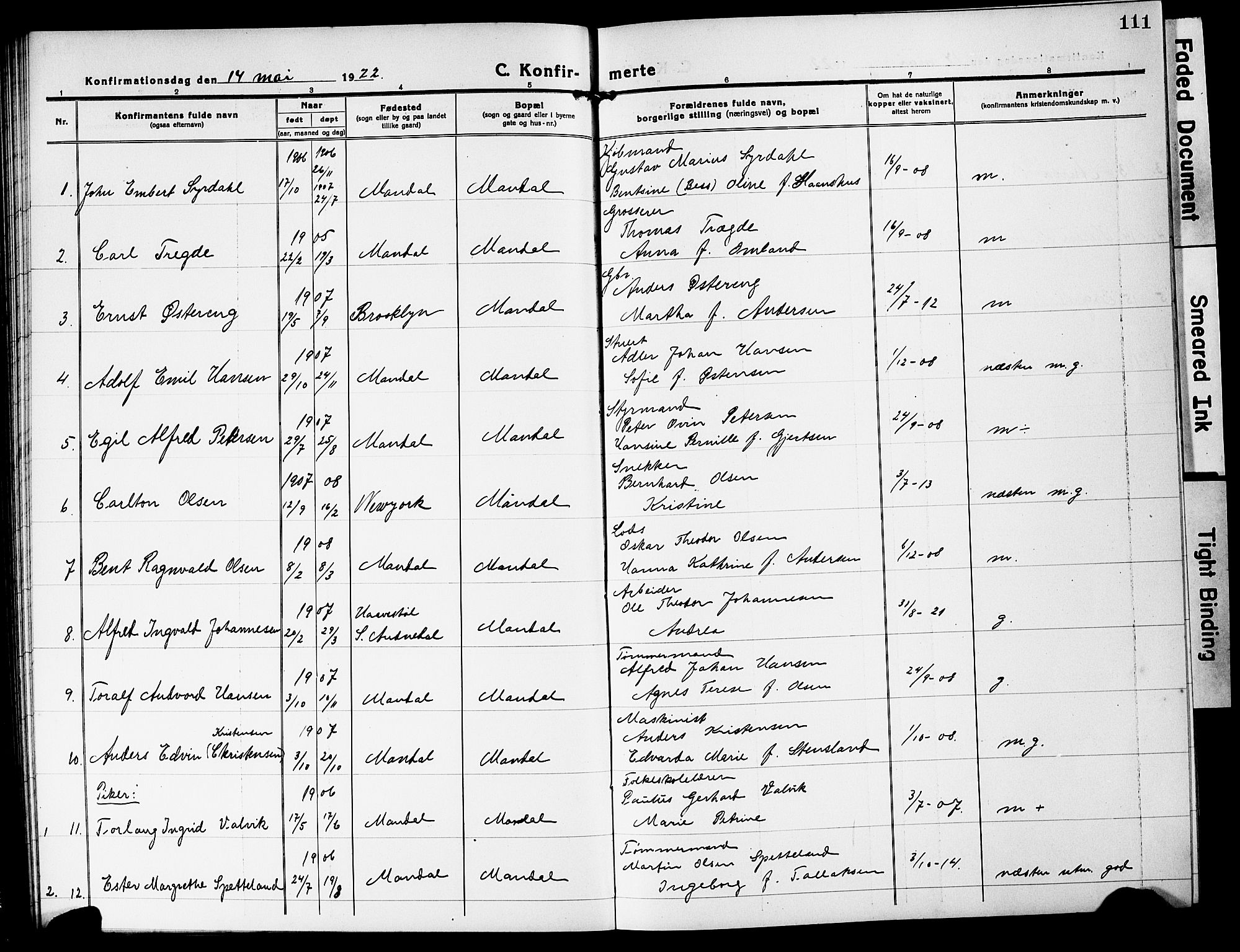 Mandal sokneprestkontor, SAK/1111-0030/F/Fb/Fbc/L0001: Parish register (copy) no. B 1, 1918-1931, p. 111