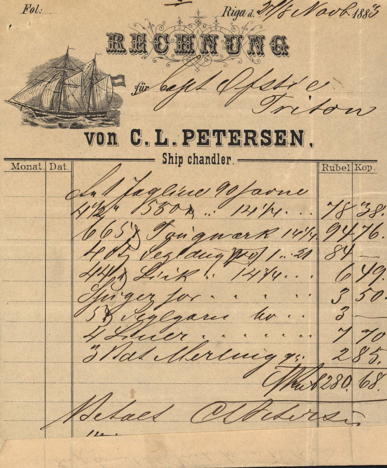 Pa 63 - Østlandske skibsassuranceforening, VEMU/A-1079/G/Ga/L0016/0003: Havaridokumenter / Triton, Bervadors Held, Anastasia, Amicitia, 1883, p. 11