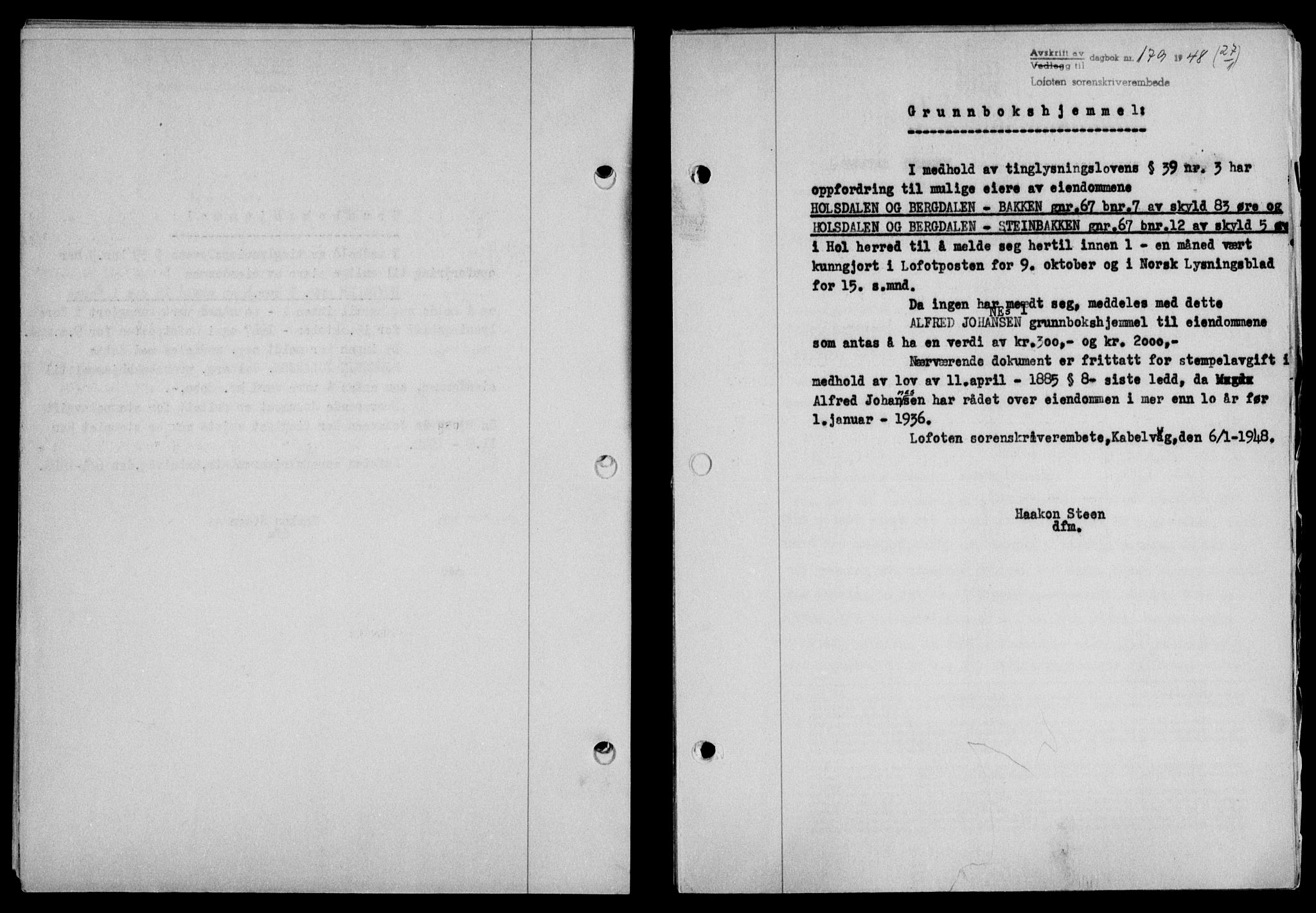 Lofoten sorenskriveri, SAT/A-0017/1/2/2C/L0017a: Mortgage book no. 17a, 1947-1948, Diary no: : 179/1948