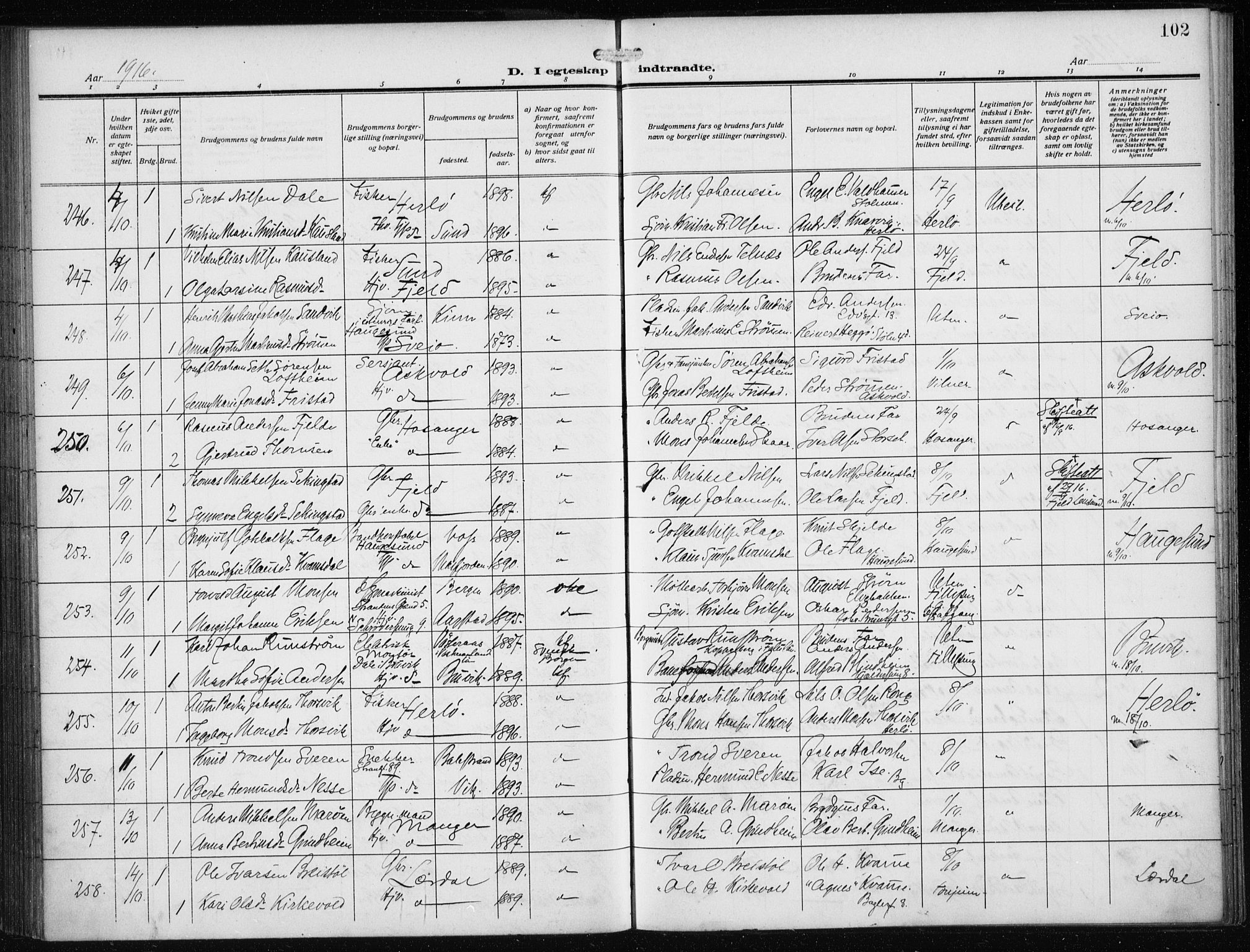 Nykirken Sokneprestembete, SAB/A-77101/H/Haa/L0036: Parish register (official) no. D 6, 1913-1918, p. 102