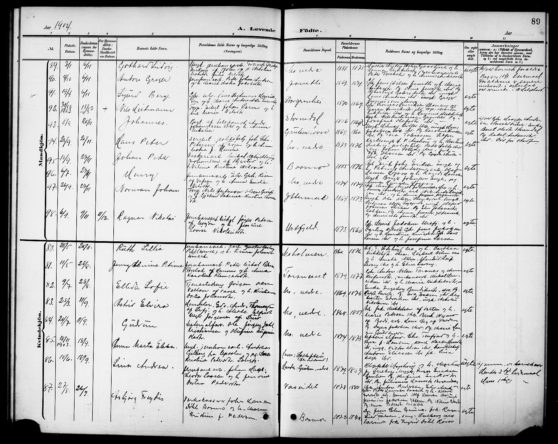 Ministerialprotokoller, klokkerbøker og fødselsregistre - Nordland, SAT/A-1459/827/L0422: Parish register (copy) no. 827C11, 1899-1912, p. 89