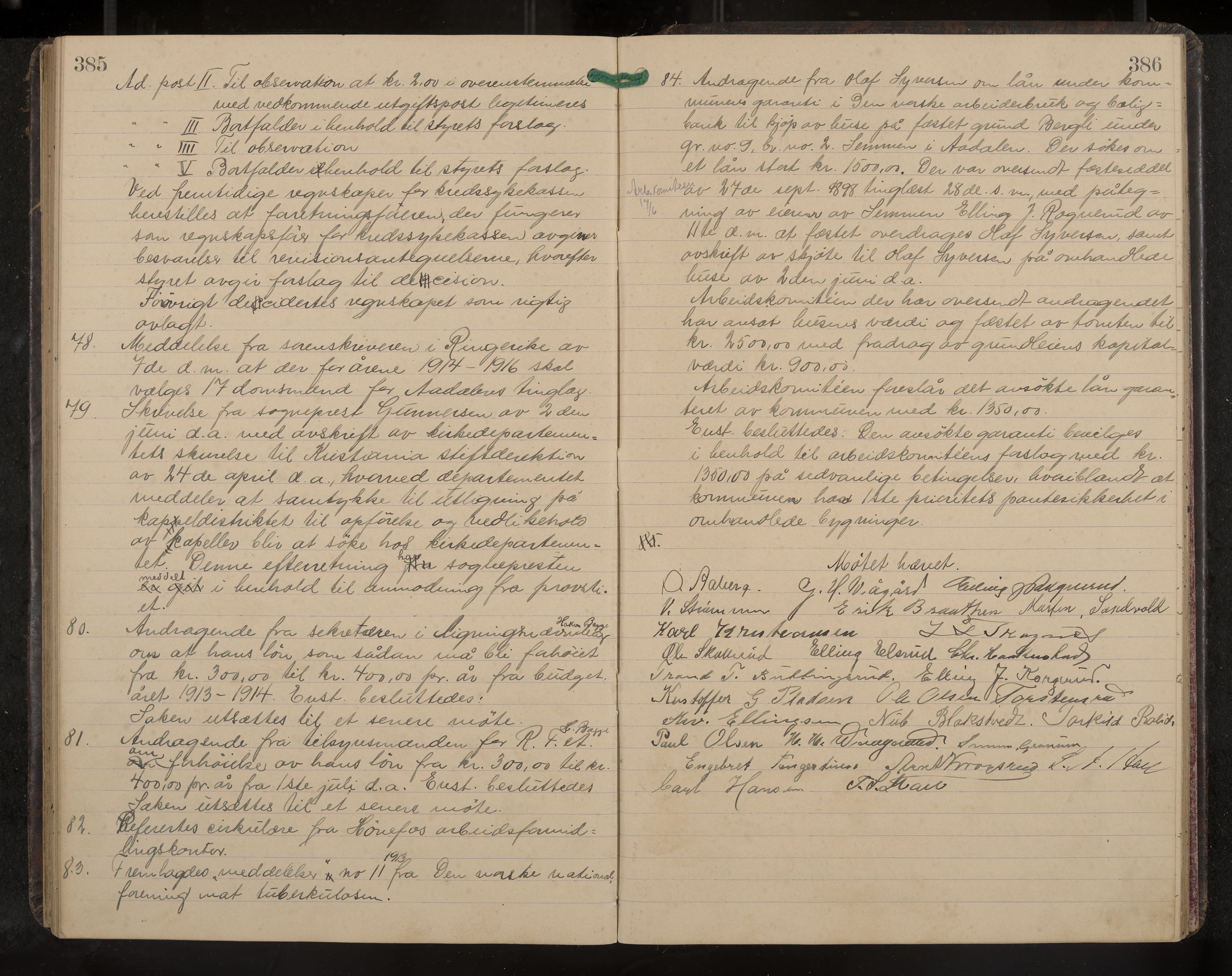 Ådal formannskap og sentraladministrasjon, IKAK/0614021/A/Aa/L0003: Møtebok, 1907-1914, p. 385-386