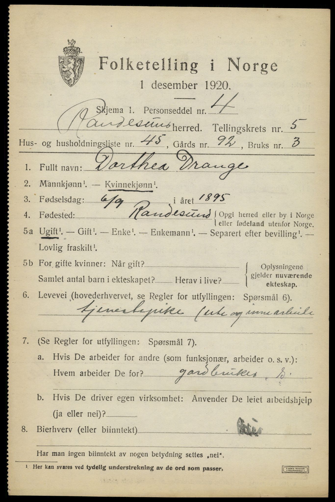 SAK, 1920 census for Randesund, 1920, p. 2742