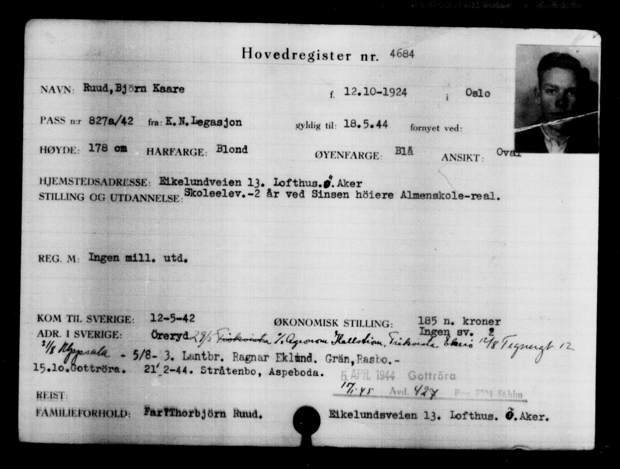 Utenriksstasjonene, Legasjonen i Stockholm, Flyktningkontoret, AV/RA-S-6753/V/Va/L0004: Kjesäterkartoteket, flyktninger med registreringsnr. 3496-6610, 1940-1945, p. 1405