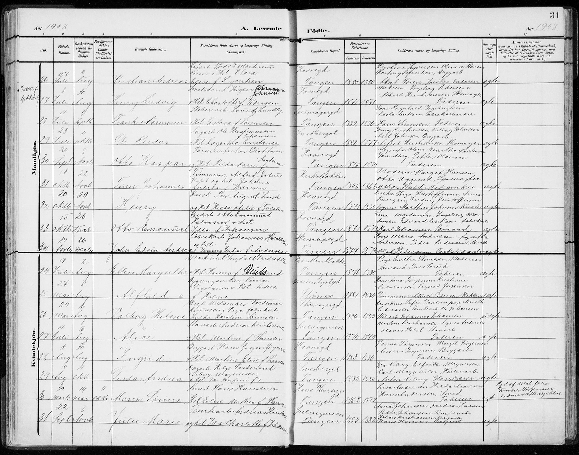 Strømsø kirkebøker, AV/SAKO-A-246/F/Fb/L0008: Parish register (official) no. II 8, 1902-1933, p. 31