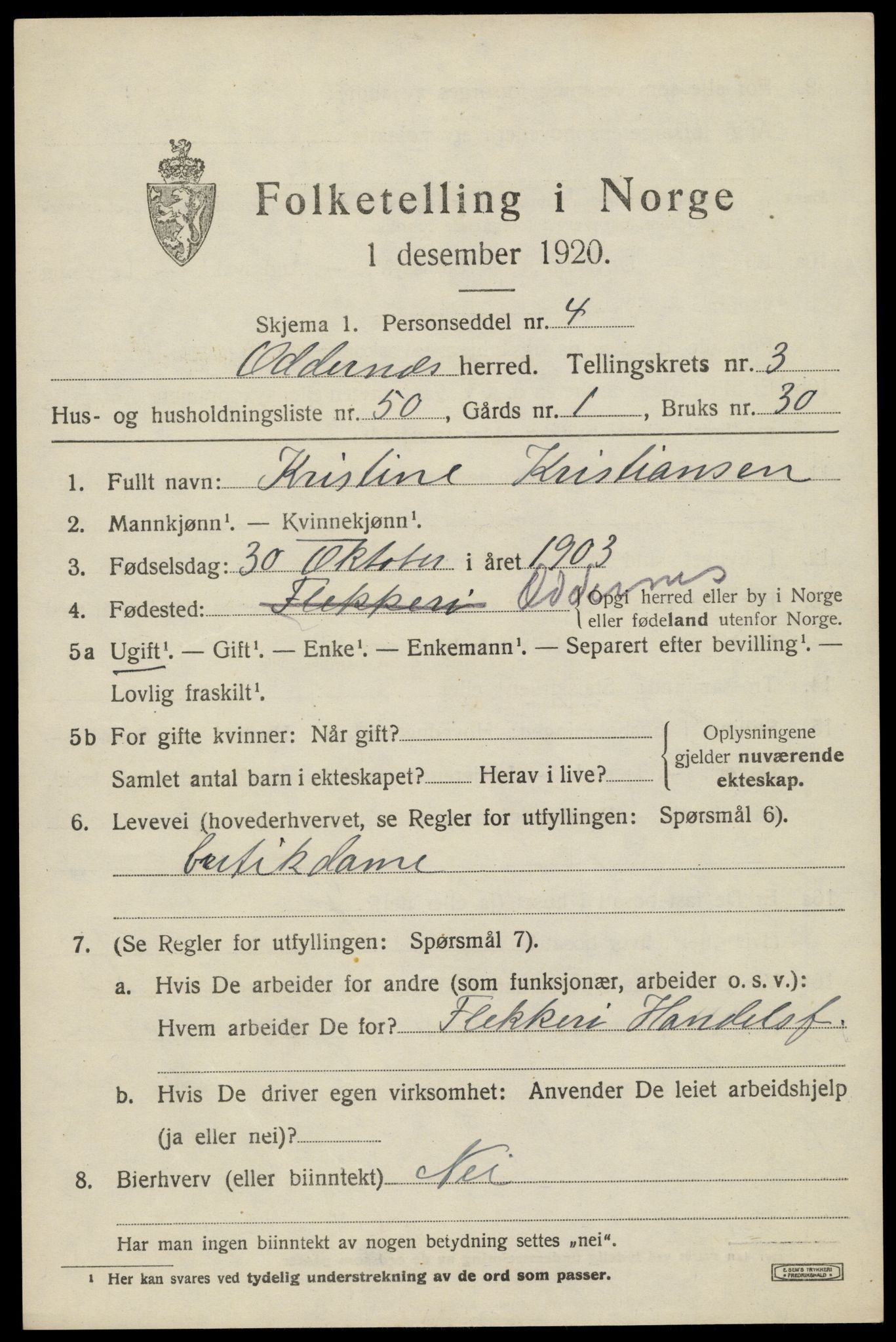 SAK, 1920 census for Oddernes, 1920, p. 3899