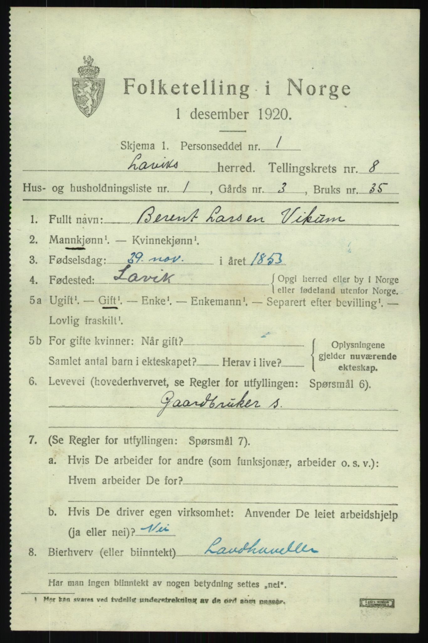 SAB, 1920 census for Lavik, 1920, p. 1742