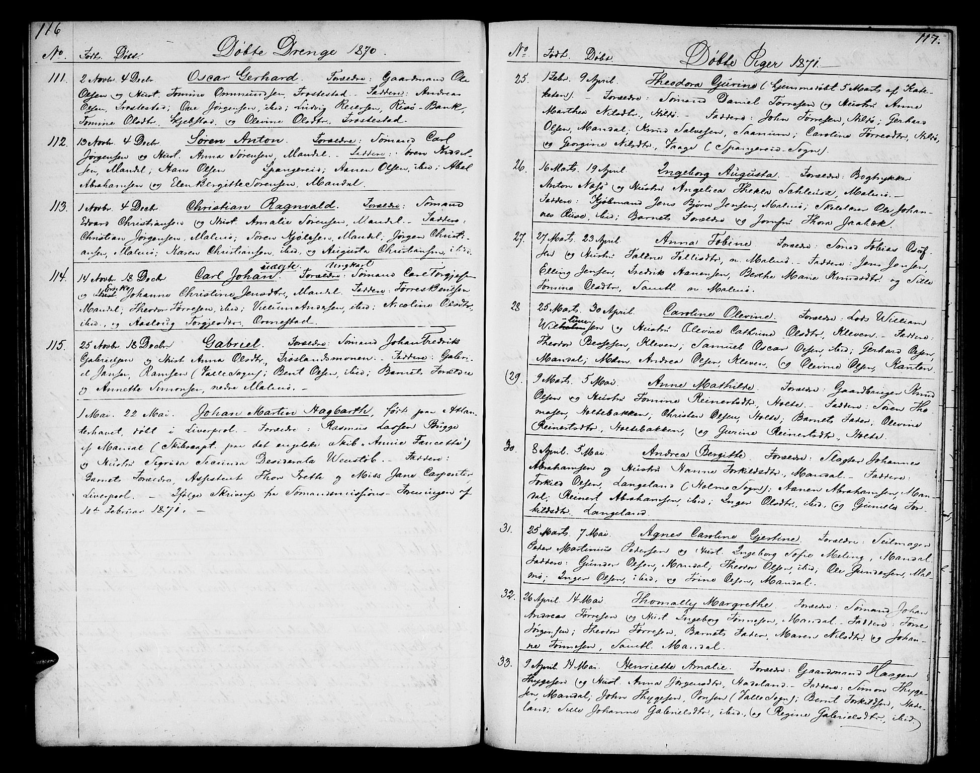 Mandal sokneprestkontor, SAK/1111-0030/F/Fb/Fba/L0009: Parish register (copy) no. B 3, 1867-1877, p. 116-117