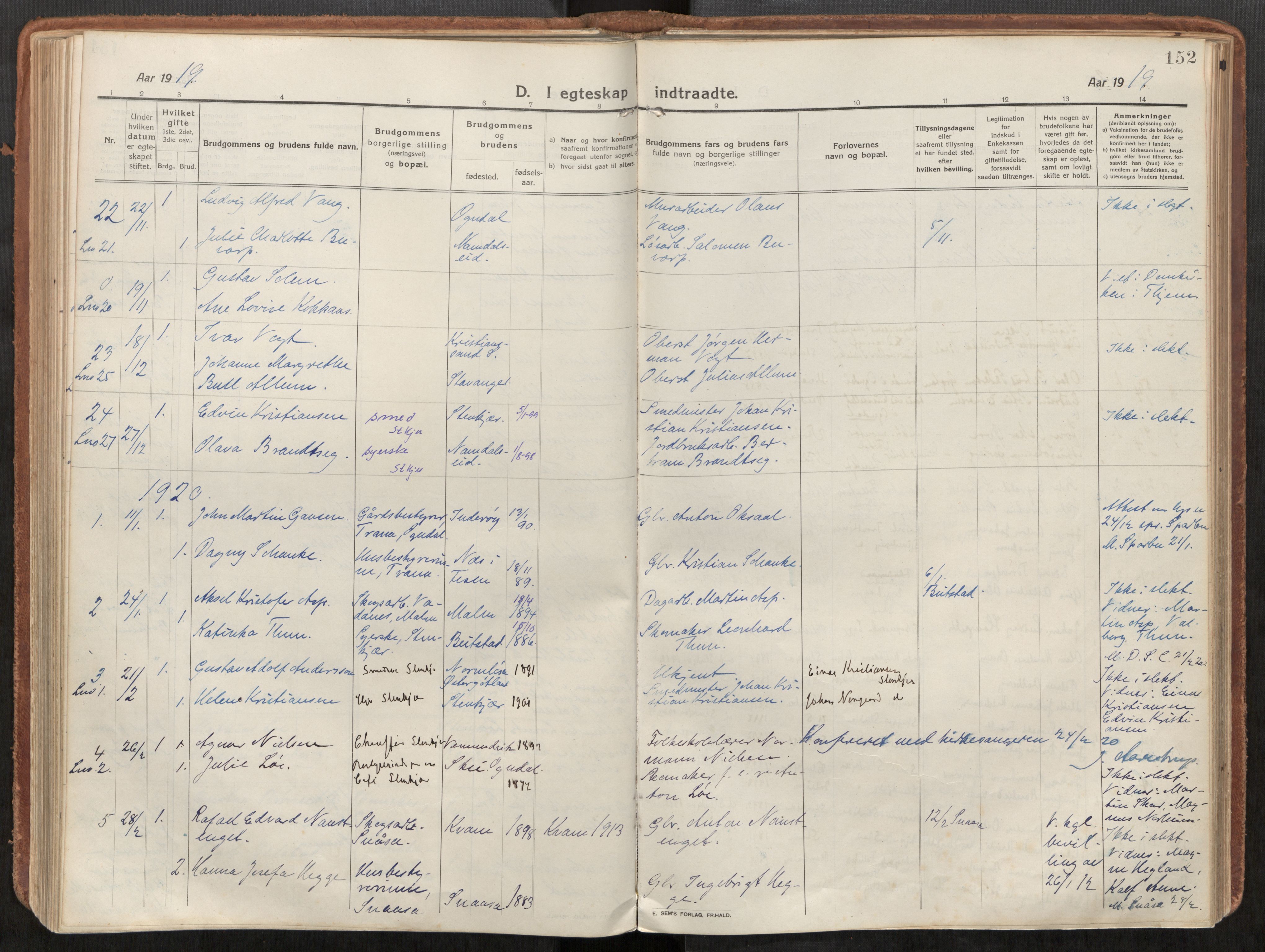 Steinkjer sokneprestkontor, AV/SAT-A-1541/01/H/Ha/Haa/L0003: Parish register (official) no. 3, 1913-1922, p. 152