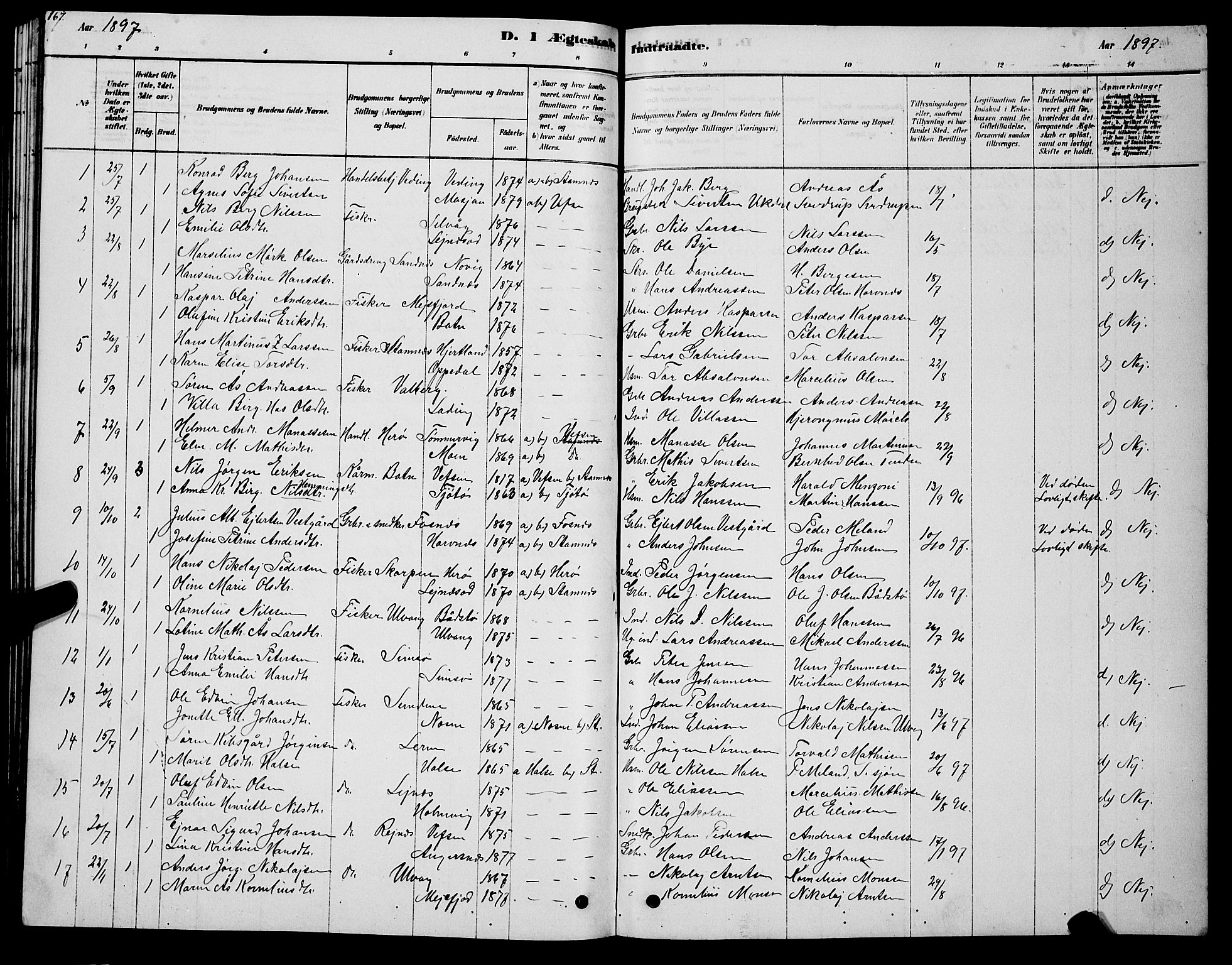 Ministerialprotokoller, klokkerbøker og fødselsregistre - Nordland, AV/SAT-A-1459/831/L0477: Parish register (copy) no. 831C04, 1878-1897, p. 167