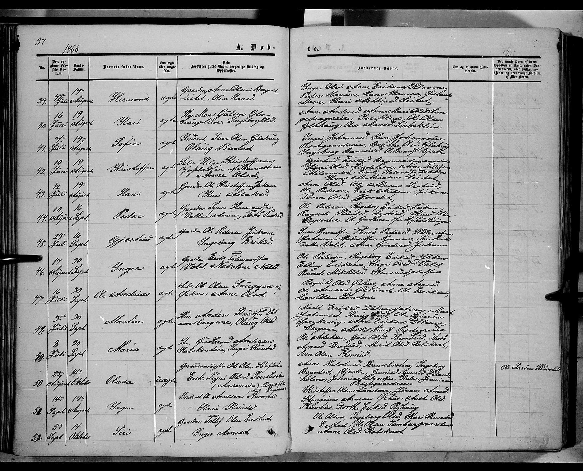 Sør-Aurdal prestekontor, AV/SAH-PREST-128/H/Ha/Haa/L0005: Parish register (official) no. 5, 1849-1876, p. 57