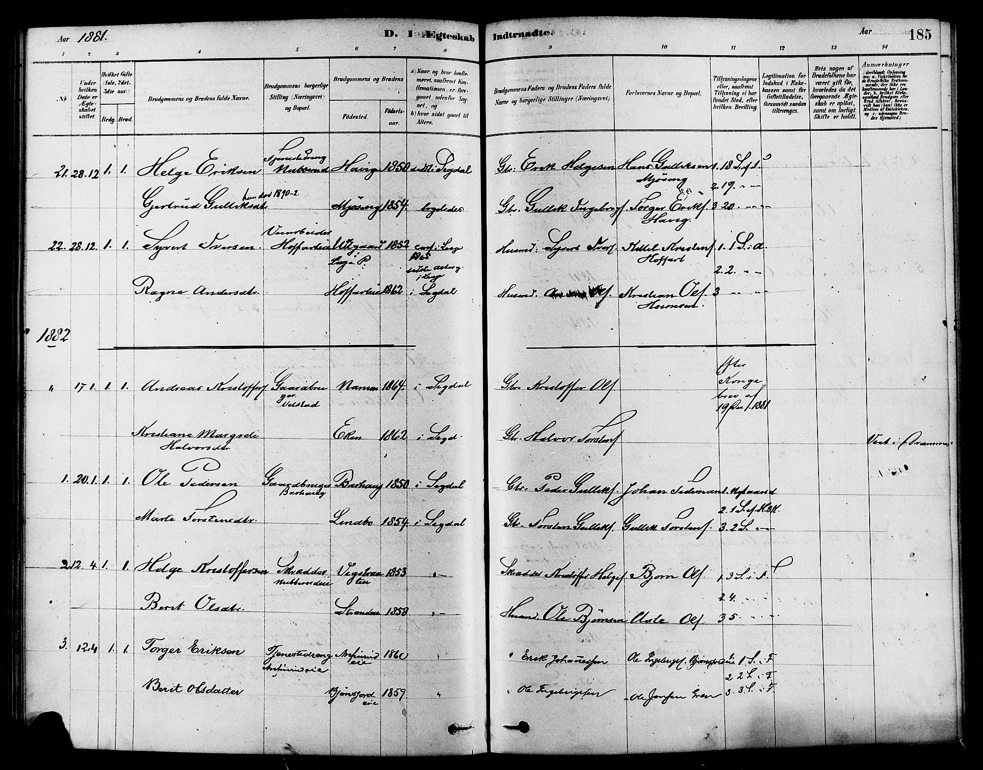 Sigdal kirkebøker, AV/SAKO-A-245/F/Fa/L0011: Parish register (official) no. I 11, 1879-1887, p. 185