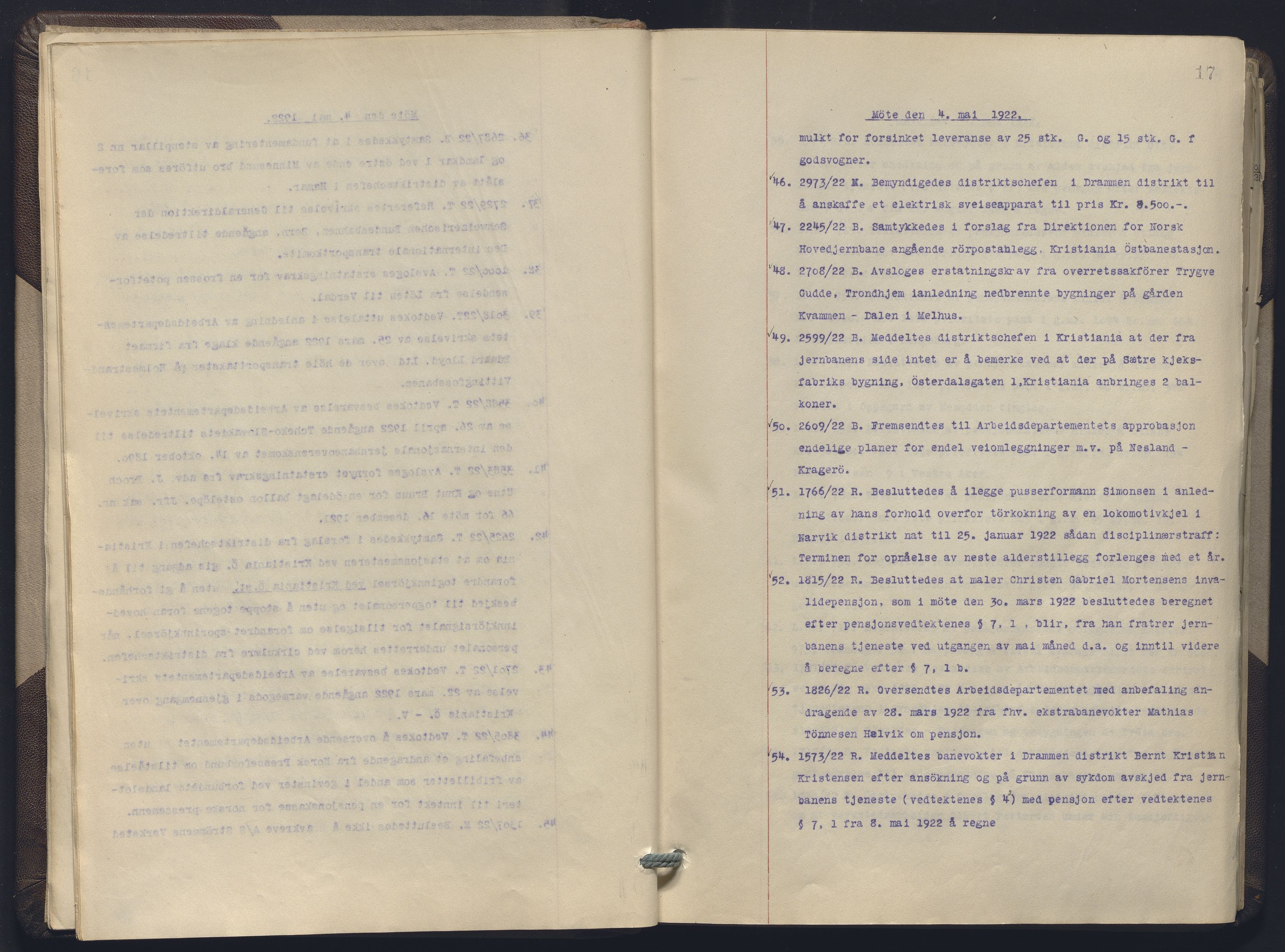 Norges statsbaner, Administrasjons- økonomi- og personalavdelingen, AV/RA-S-3412/A/Aa/L0019: Forhandlingsprotokoll, 1922-1924, p. 17
