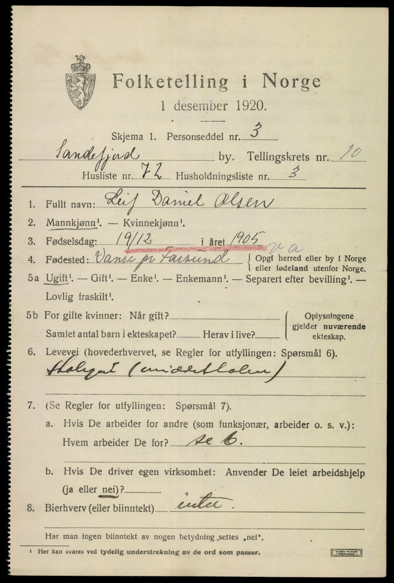 SAKO, 1920 census for Sandefjord, 1920, p. 15706