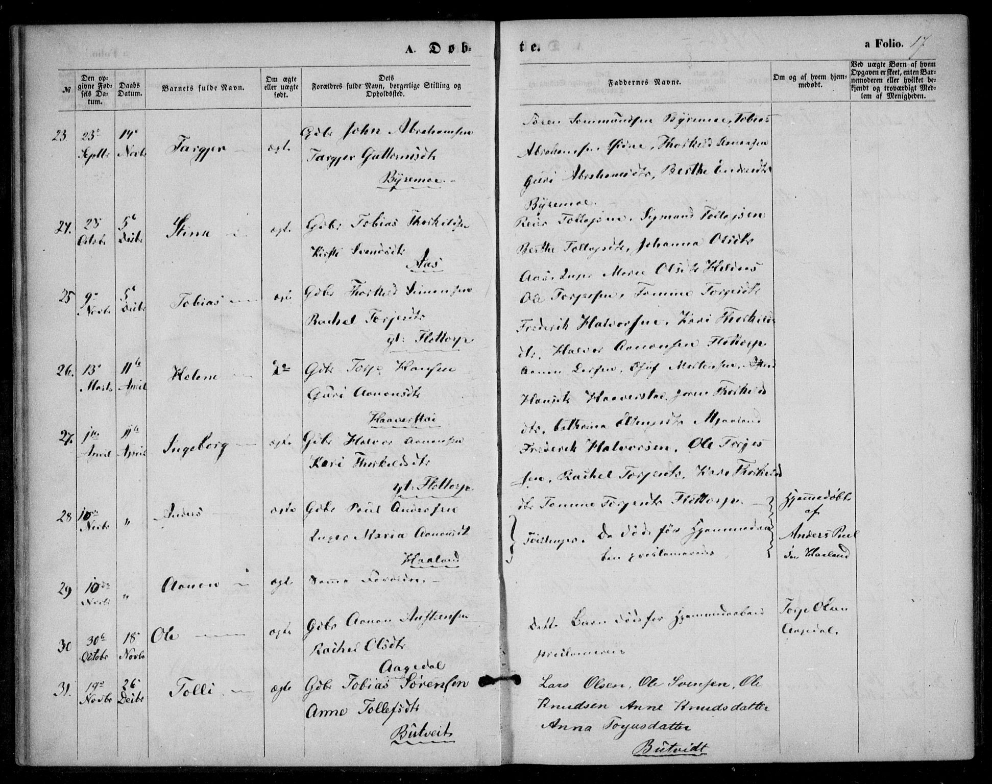Bjelland sokneprestkontor, SAK/1111-0005/F/Fa/Fac/L0002: Parish register (official) no. A 2, 1866-1887, p. 17