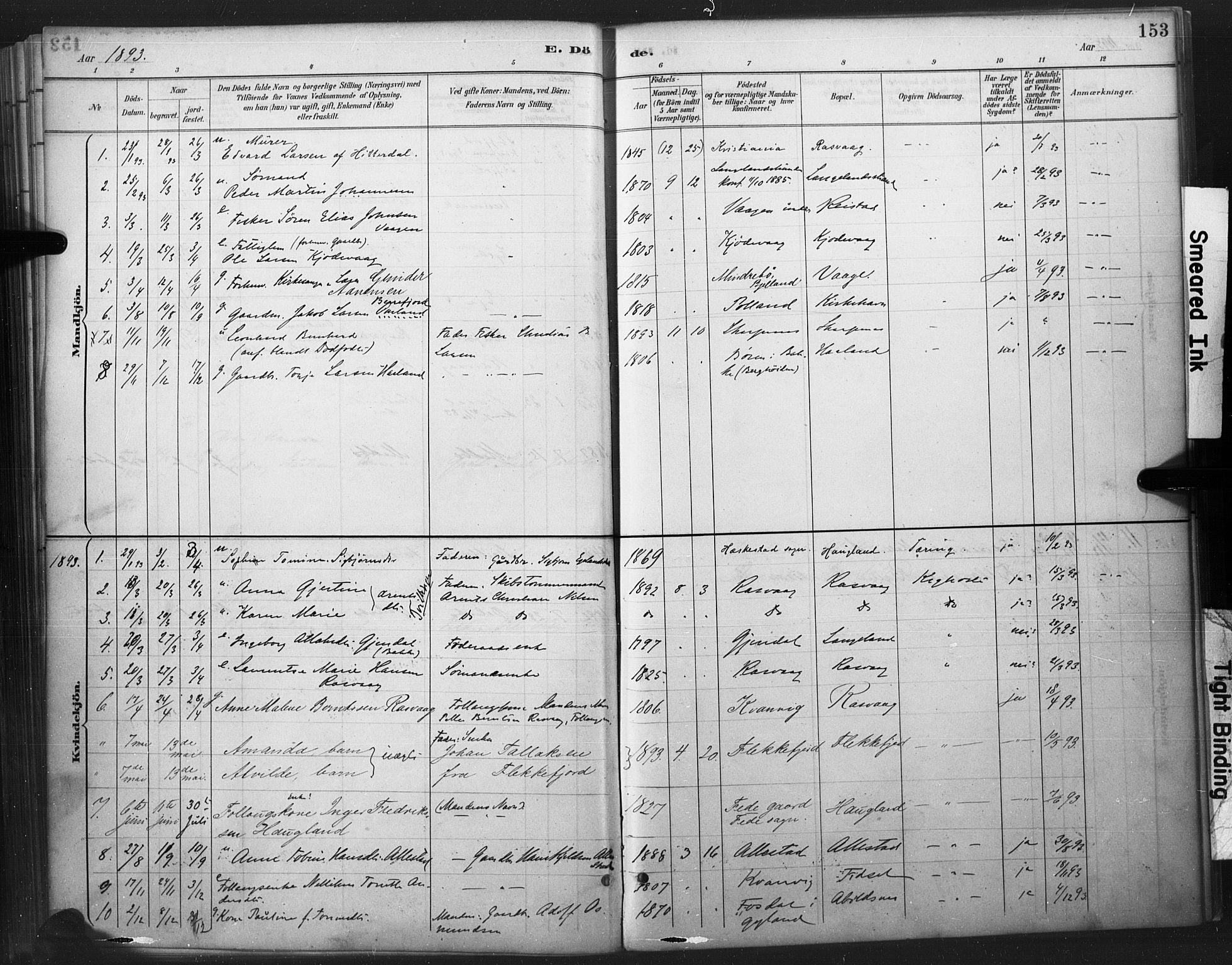 Flekkefjord sokneprestkontor, SAK/1111-0012/F/Fa/Fab/L0006: Parish register (official) no. A 6, 1886-1901, p. 153