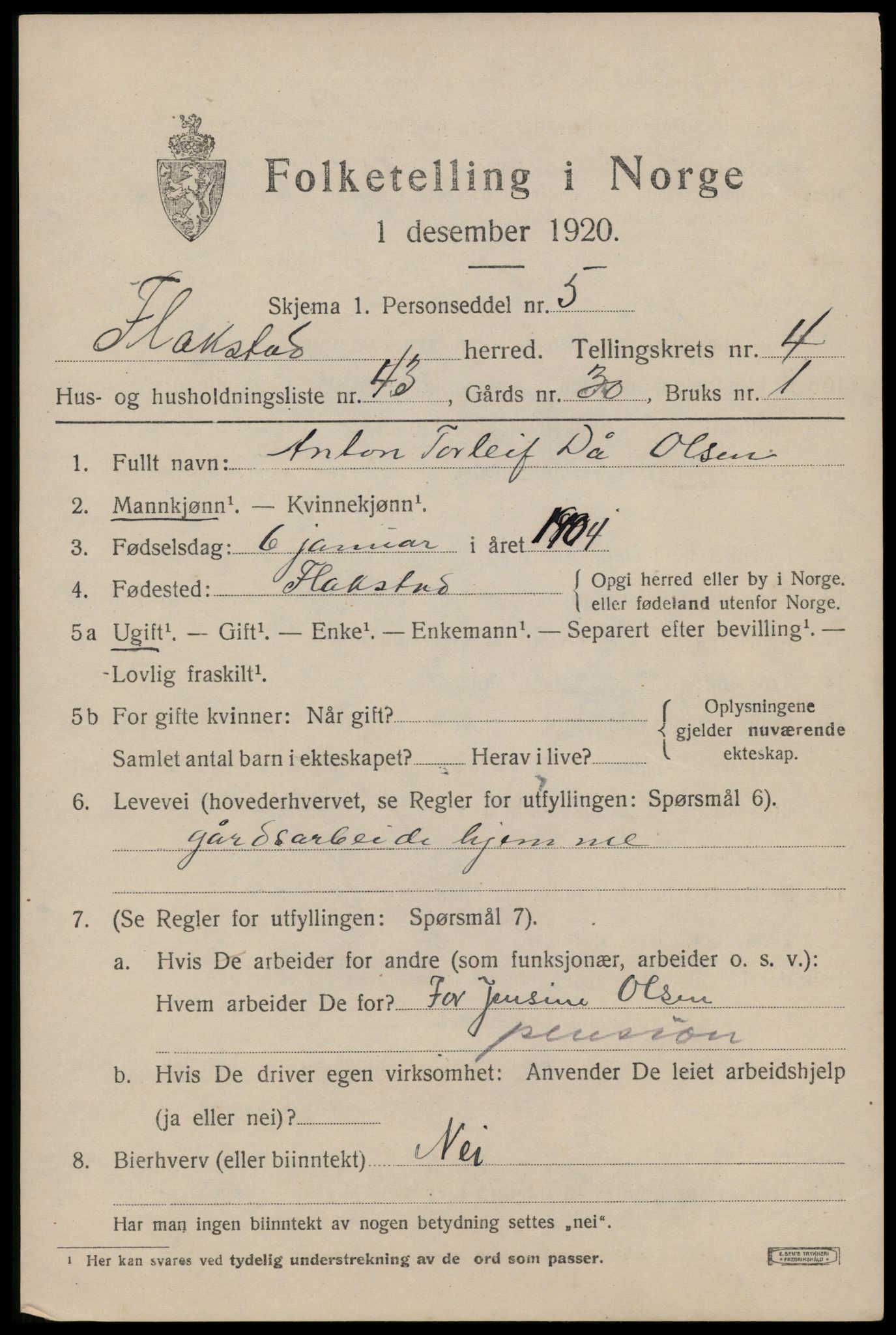 SAT, 1920 census for Flakstad, 1920, p. 3415