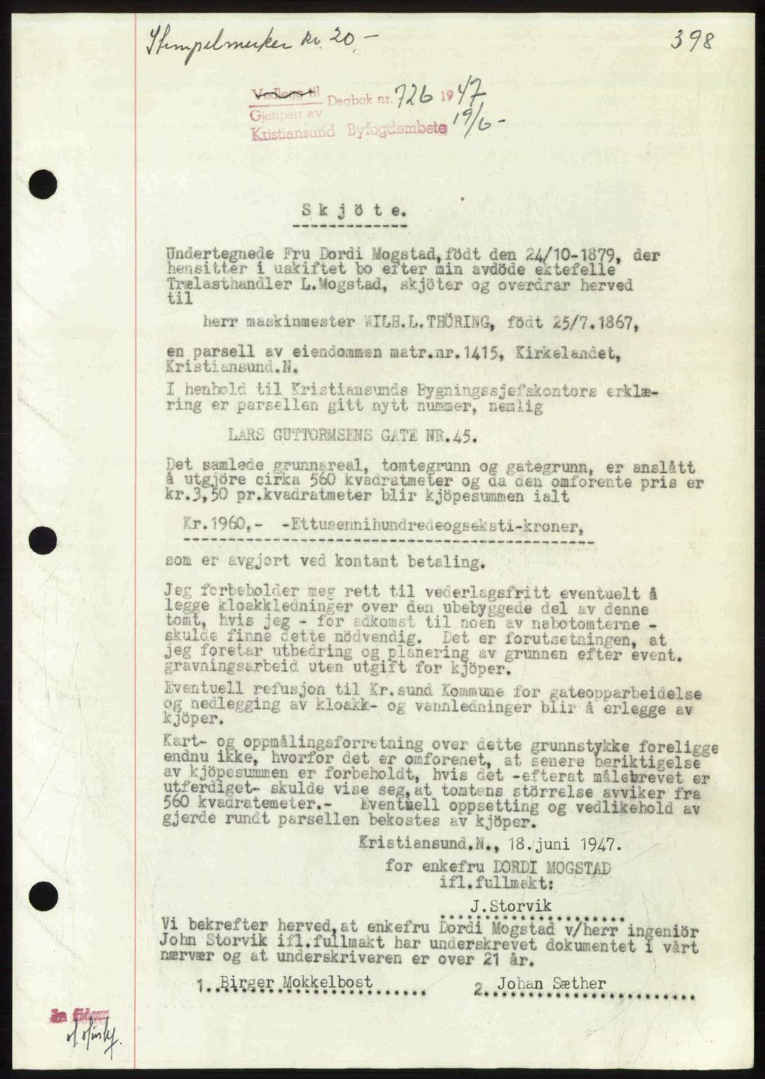 Kristiansund byfogd, AV/SAT-A-4587/A/27: Mortgage book no. 39b, 1946-1947, Diary no: : 726/1947