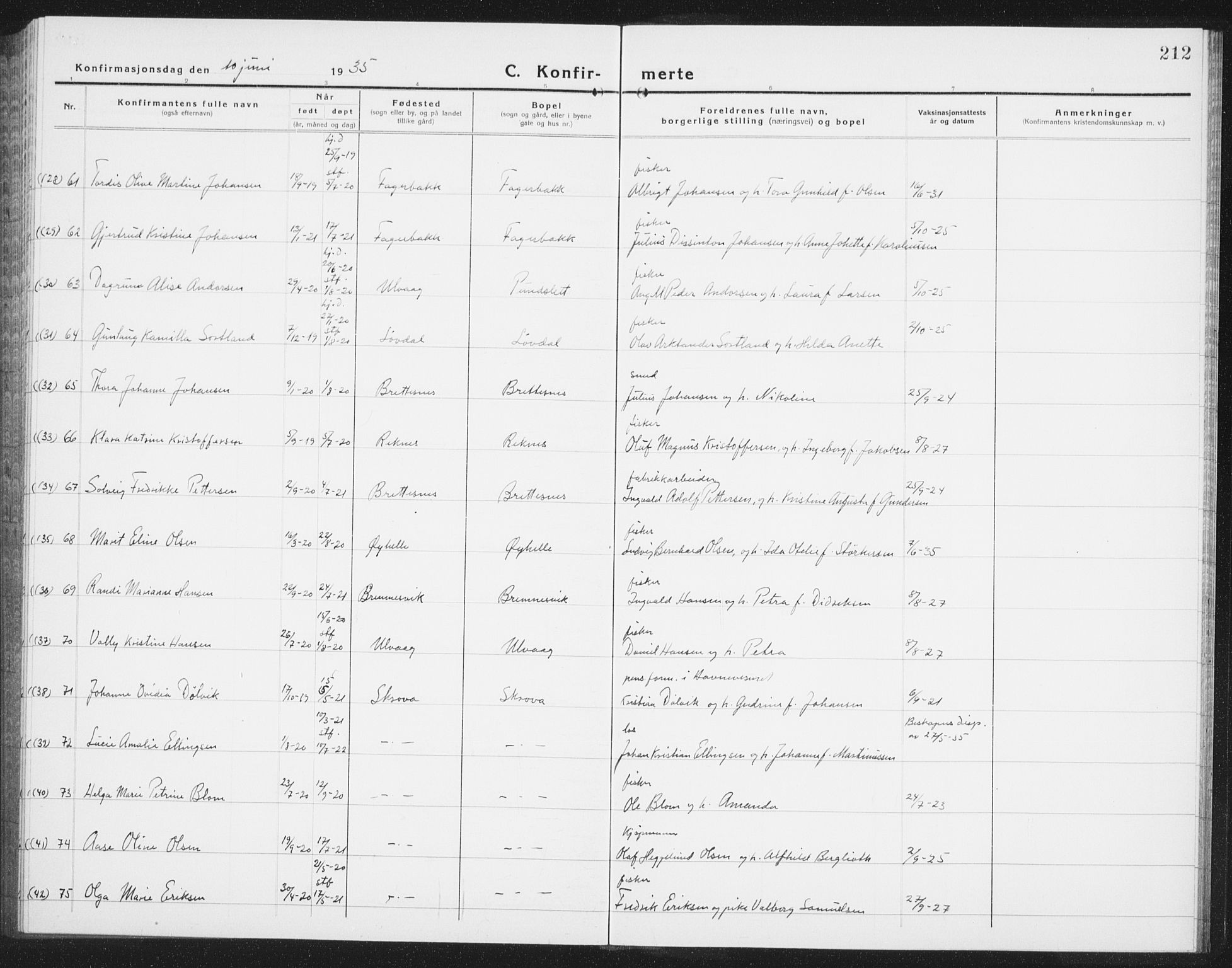 Ministerialprotokoller, klokkerbøker og fødselsregistre - Nordland, AV/SAT-A-1459/874/L1081: Parish register (copy) no. 874C10, 1925-1941, p. 212