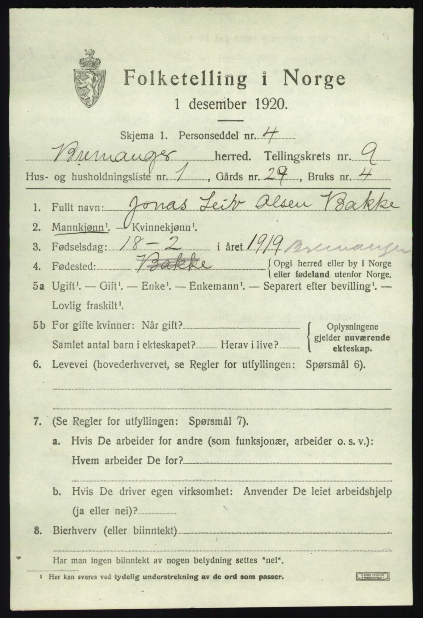 SAB, 1920 census for Bremanger, 1920, p. 5132