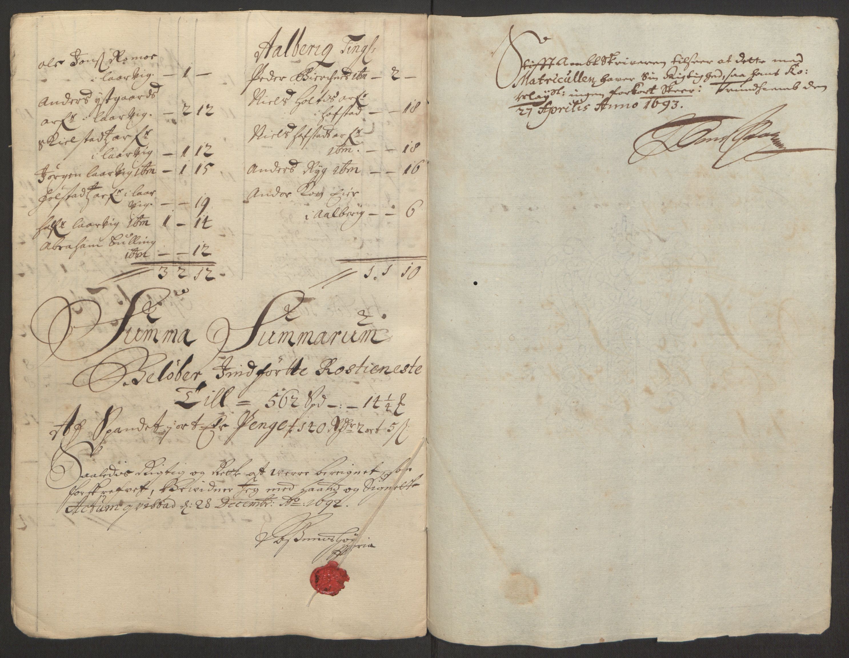 Rentekammeret inntil 1814, Reviderte regnskaper, Fogderegnskap, AV/RA-EA-4092/R63/L4308: Fogderegnskap Inderøy, 1692-1694, p. 161