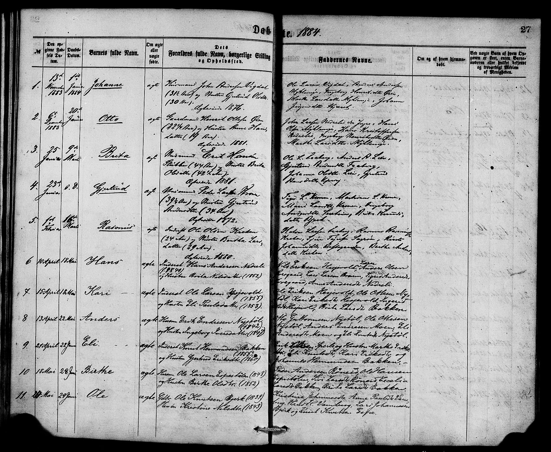 Jostedal sokneprestembete, AV/SAB-A-80601/H/Haa/Haaa/L0006: Parish register (official) no. A 6, 1877-1886, p. 27