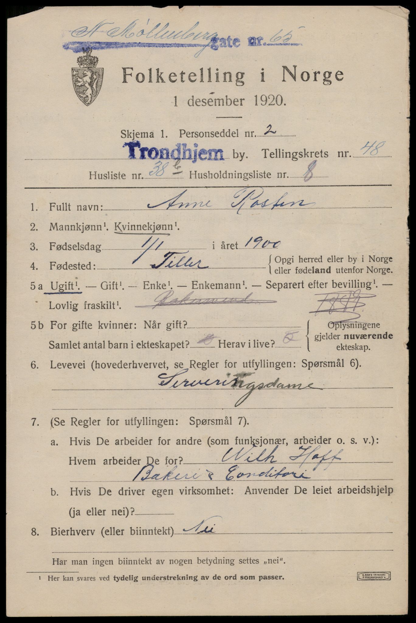 SAT, 1920 census for Trondheim, 1920, p. 102386