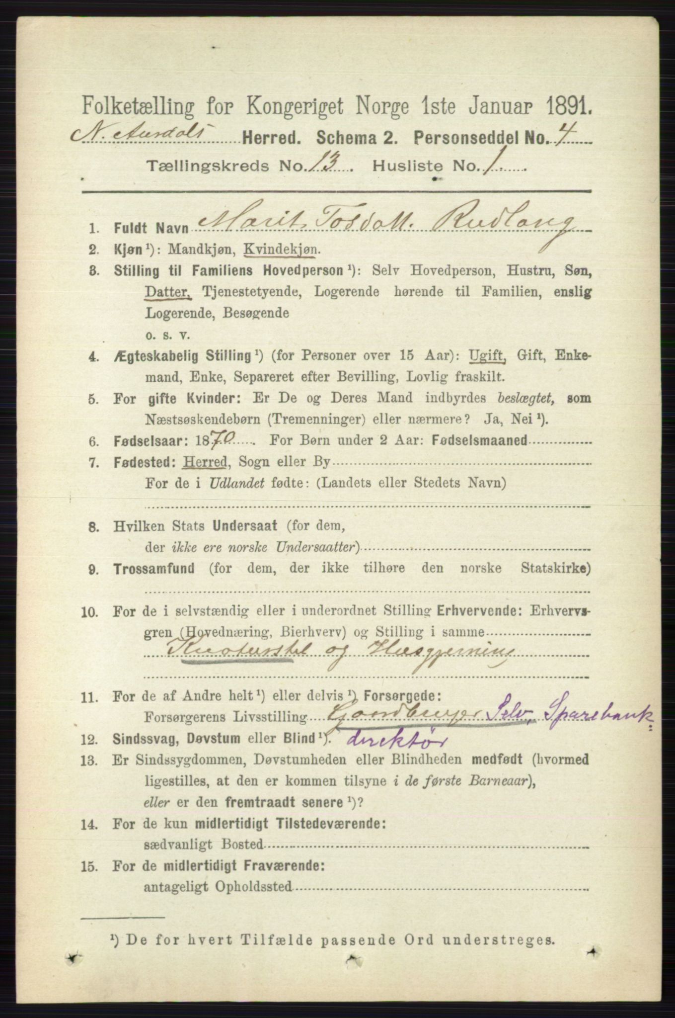 RA, 1891 census for 0542 Nord-Aurdal, 1891, p. 4764