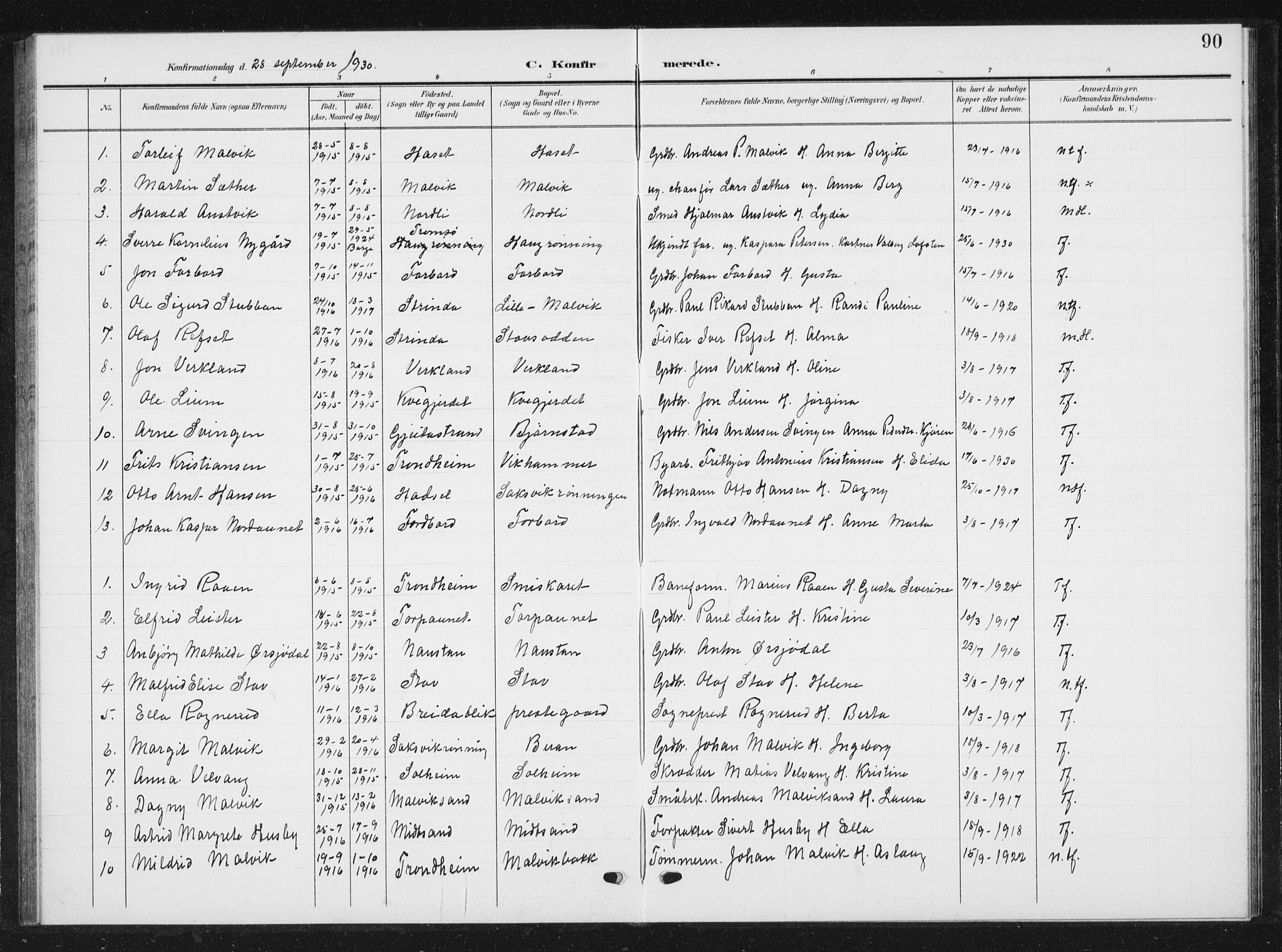 Ministerialprotokoller, klokkerbøker og fødselsregistre - Sør-Trøndelag, SAT/A-1456/616/L0424: Parish register (copy) no. 616C07, 1904-1940, p. 90