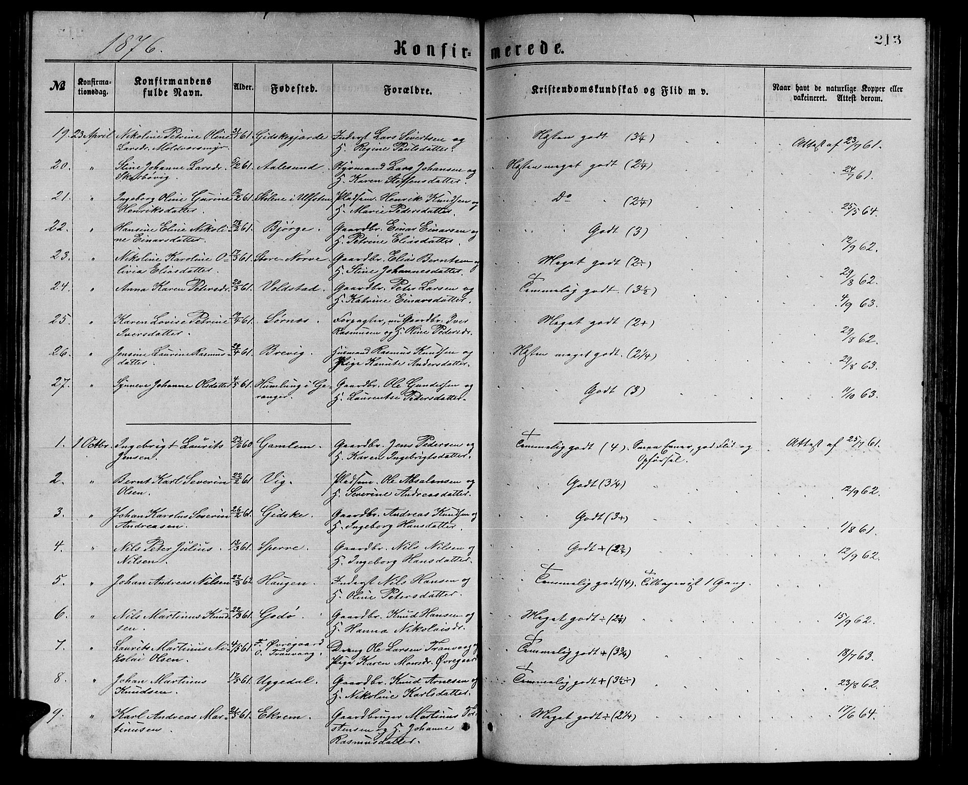 Ministerialprotokoller, klokkerbøker og fødselsregistre - Møre og Romsdal, AV/SAT-A-1454/528/L0429: Parish register (copy) no. 528C10, 1872-1886, p. 213