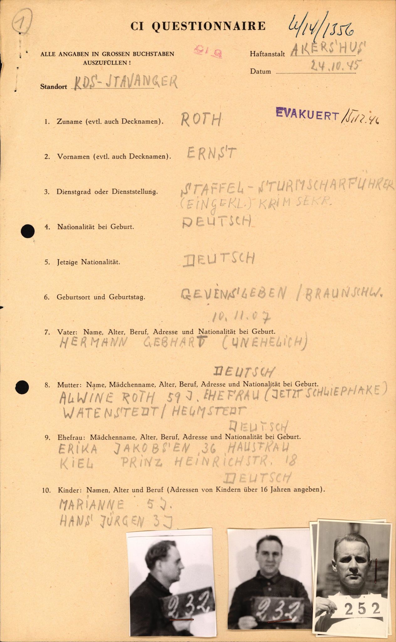 Forsvaret, Forsvarets overkommando II, AV/RA-RAFA-3915/D/Db/L0028: CI Questionaires. Tyske okkupasjonsstyrker i Norge. Tyskere., 1945-1946, p. 149