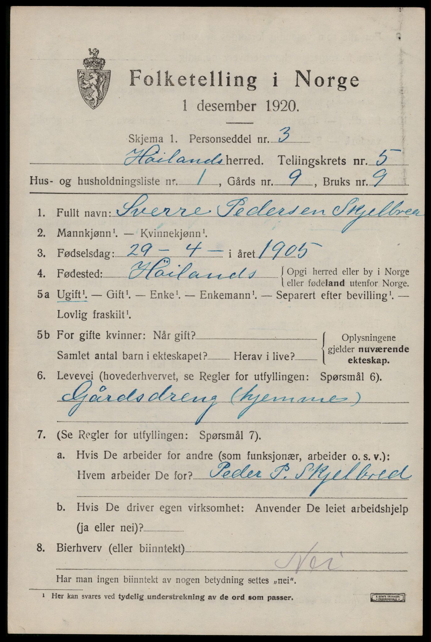SAST, 1920 census for Høyland, 1920, p. 3724
