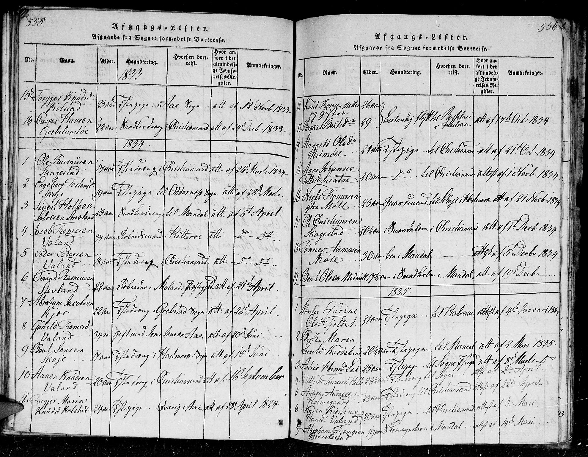 Holum sokneprestkontor, SAK/1111-0022/F/Fb/Fba/L0002: Parish register (copy) no. B 2, 1820-1849, p. 555-556