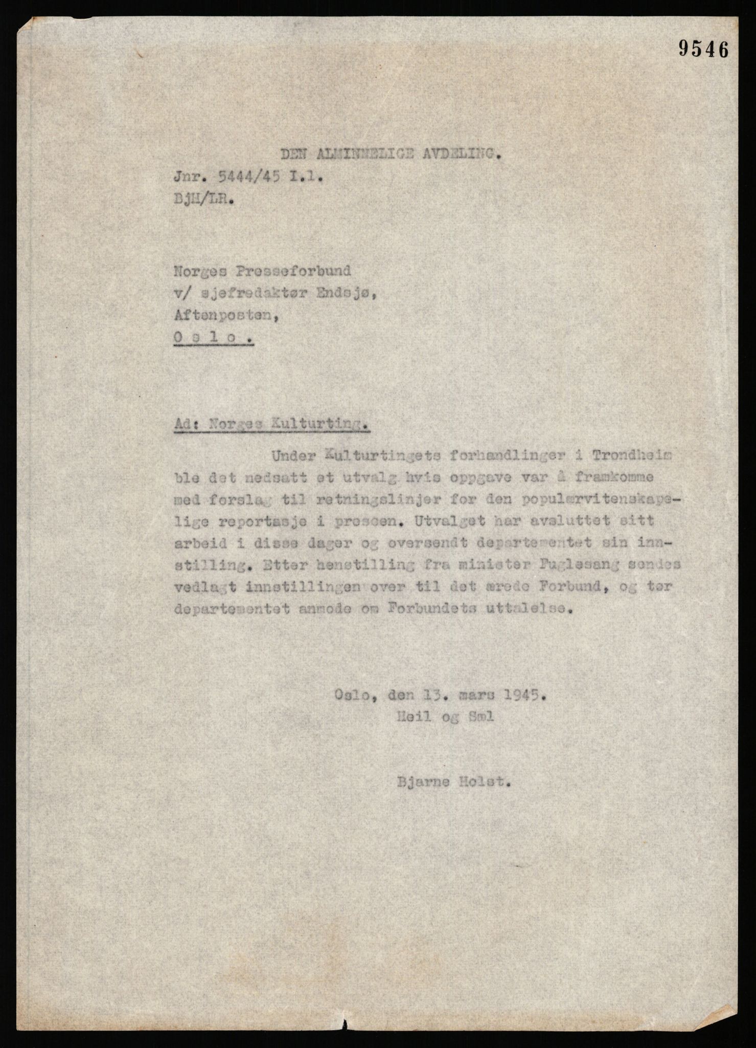 Kultur- og folkeopplysningsdepartementet, Den alminnelige avdeling. 1940-45, AV/RA-S-6010/E/Ea/L0016/0007: Sakarkiv / Kulturtingets møter 1944 i Trondheim, 1943-1945, p. 12