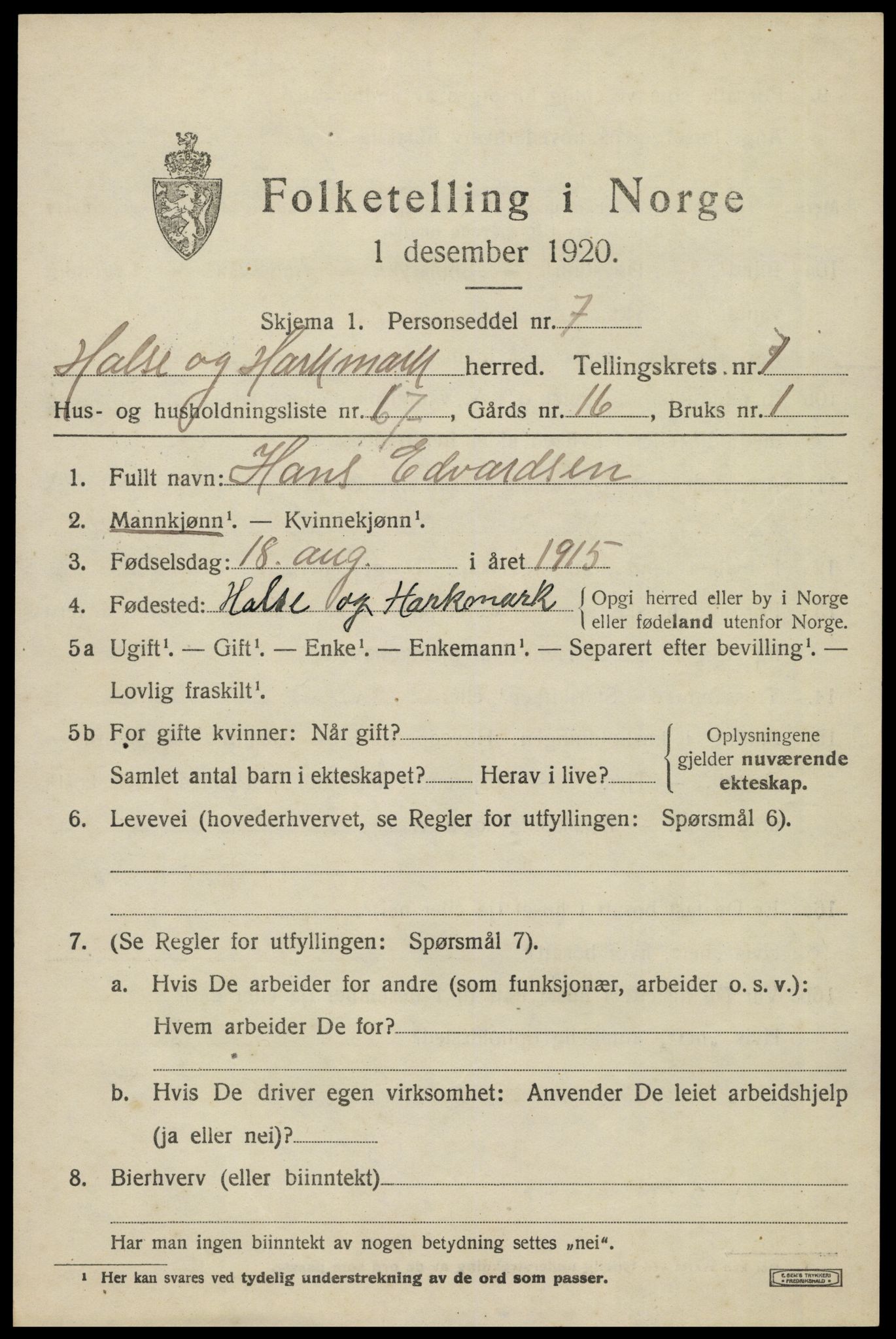 SAK, 1920 census for Halse og Harkmark, 1920, p. 2007