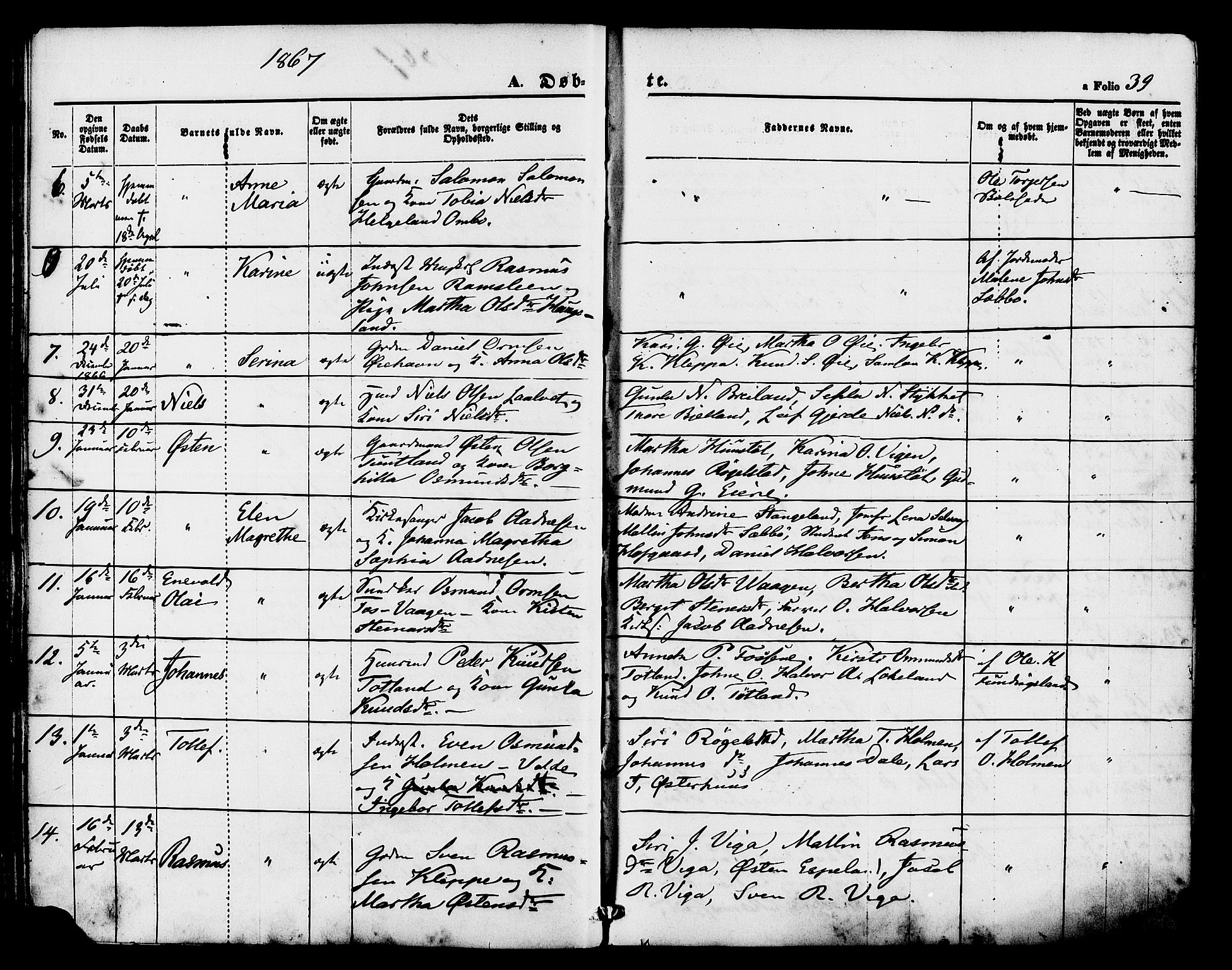 Hjelmeland sokneprestkontor, AV/SAST-A-101843/01/IV/L0011: Parish register (official) no. A 11, 1861-1878, p. 39