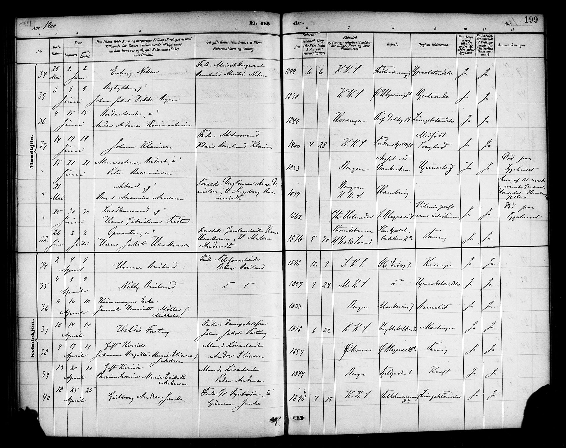 Korskirken sokneprestembete, SAB/A-76101/H/Haa/L0047: Parish register (official) no. E 5, 1884-1910, p. 199