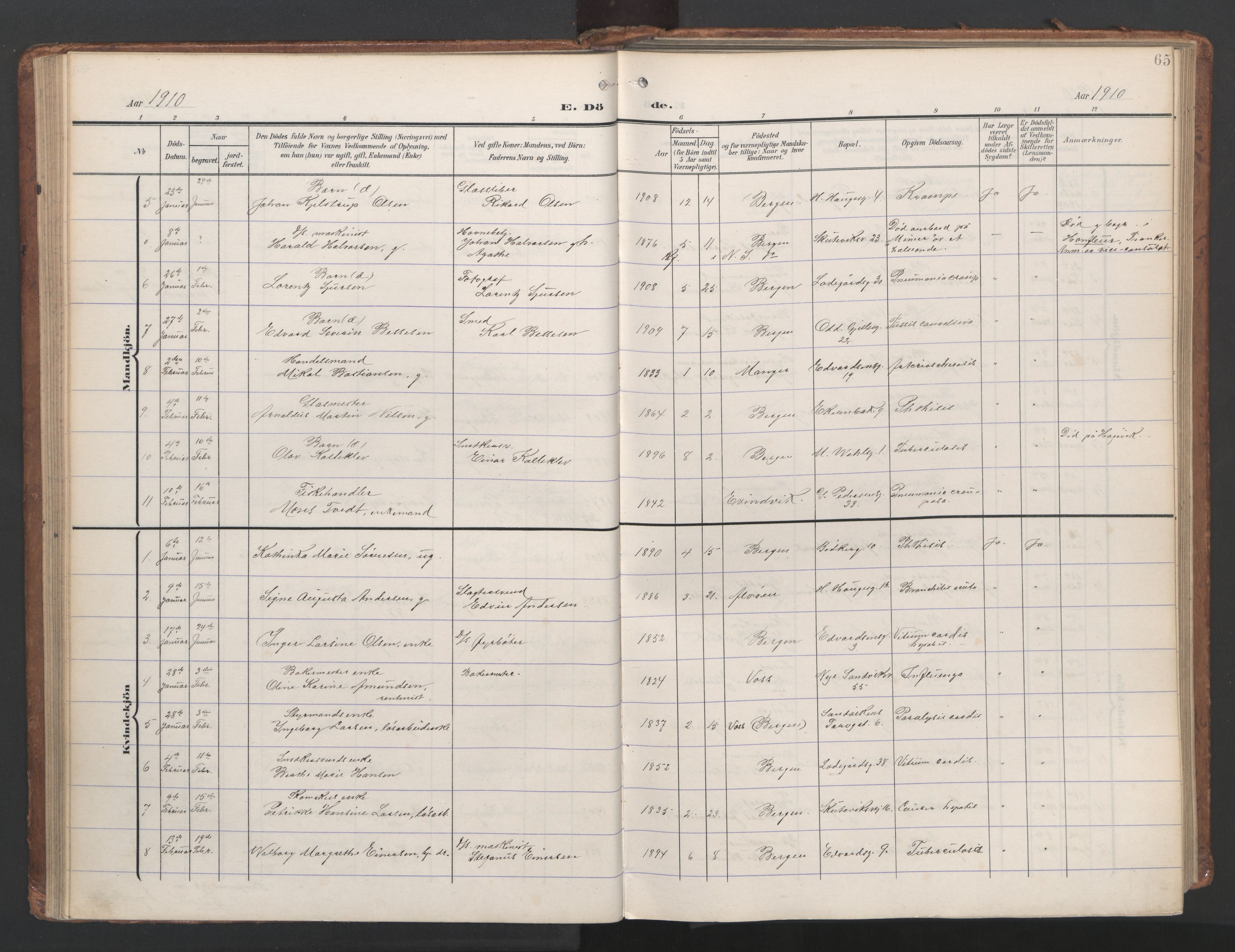 Sandviken Sokneprestembete, AV/SAB-A-77601/H/Ha/L0019: Parish register (official) no. E 2, 1905-1933, p. 65