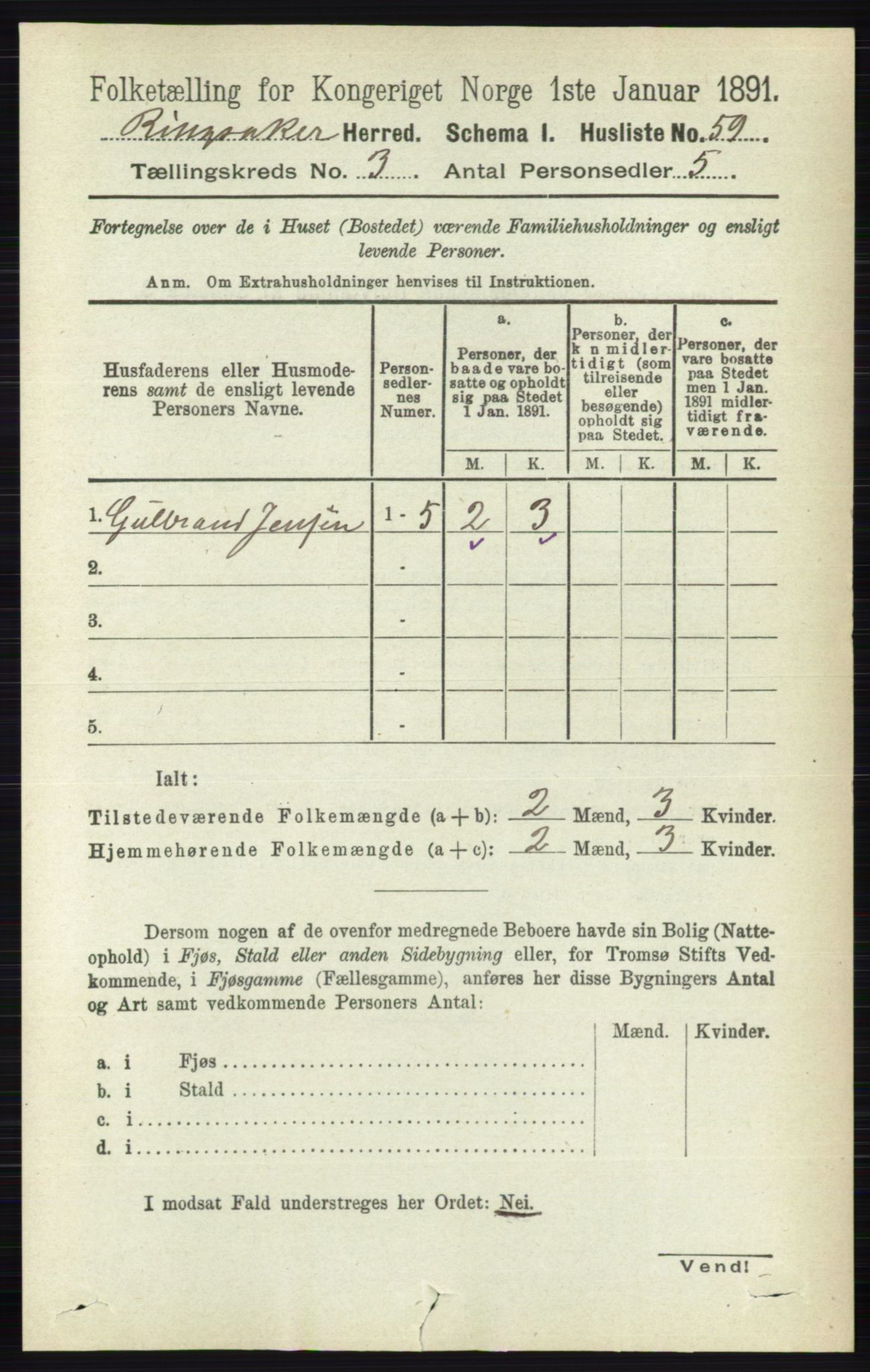 RA, 1891 census for 0412 Ringsaker, 1891, p. 1220