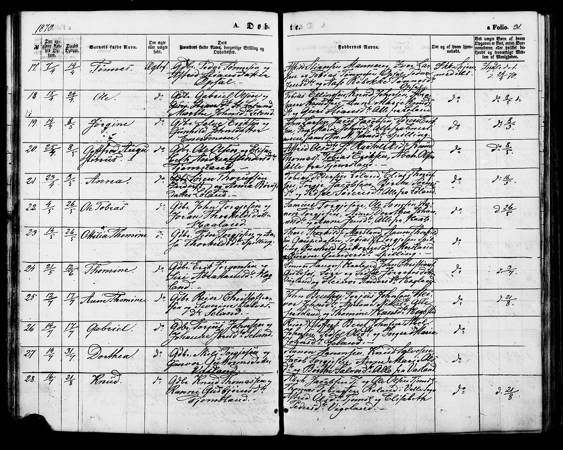 Nord-Audnedal sokneprestkontor, SAK/1111-0032/F/Fa/Fab/L0002: Parish register (official) no. A 2, 1859-1882, p. 31
