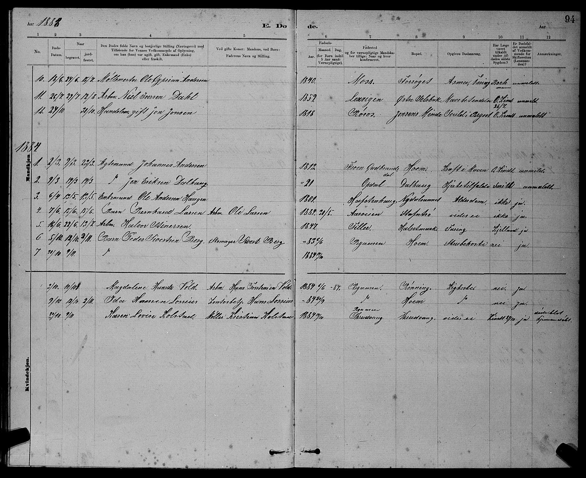 Ministerialprotokoller, klokkerbøker og fødselsregistre - Sør-Trøndelag, SAT/A-1456/611/L0354: Parish register (copy) no. 611C02, 1881-1896, p. 94