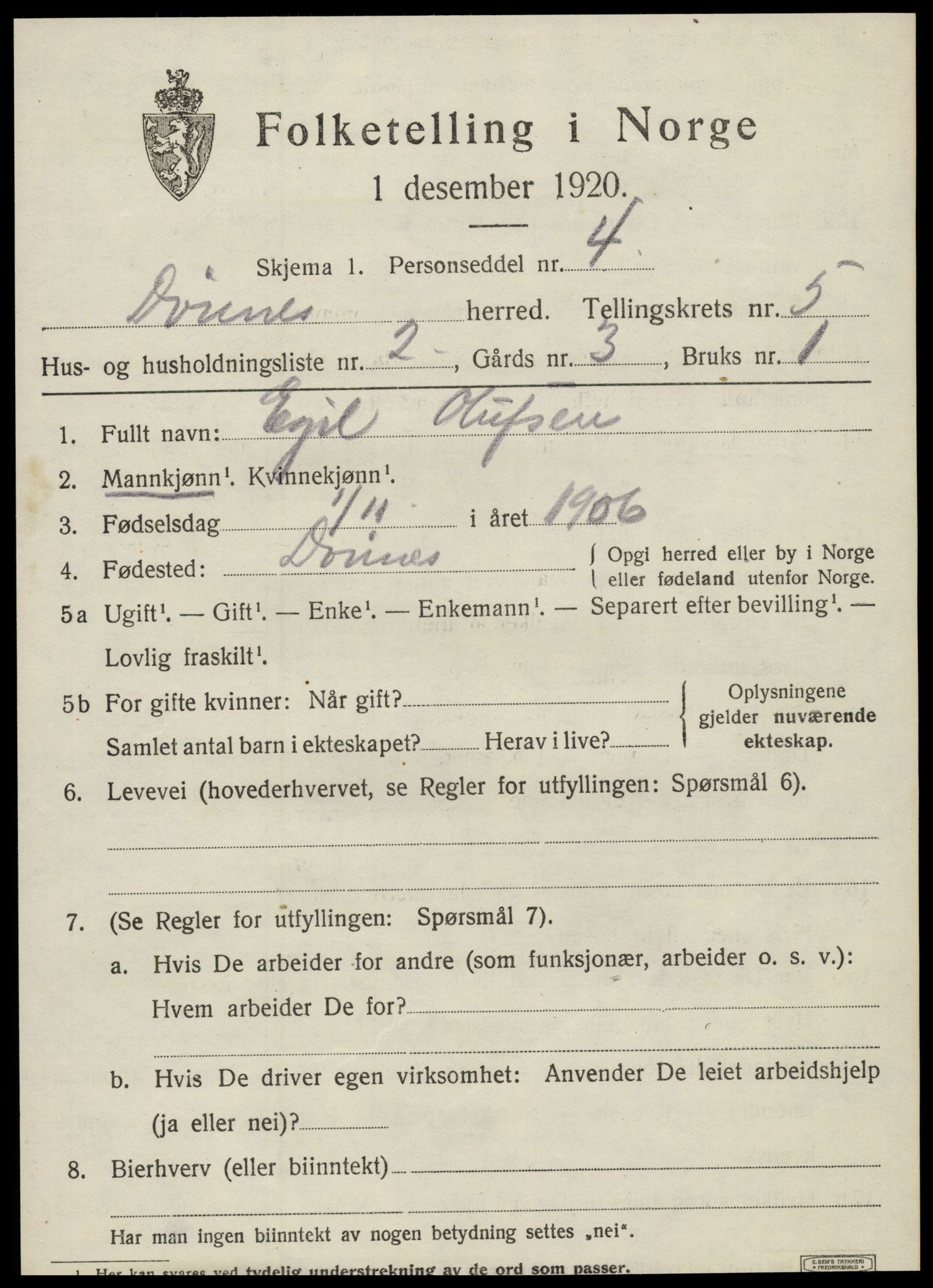 SAT, 1920 census for Dønnes, 1920, p. 2896