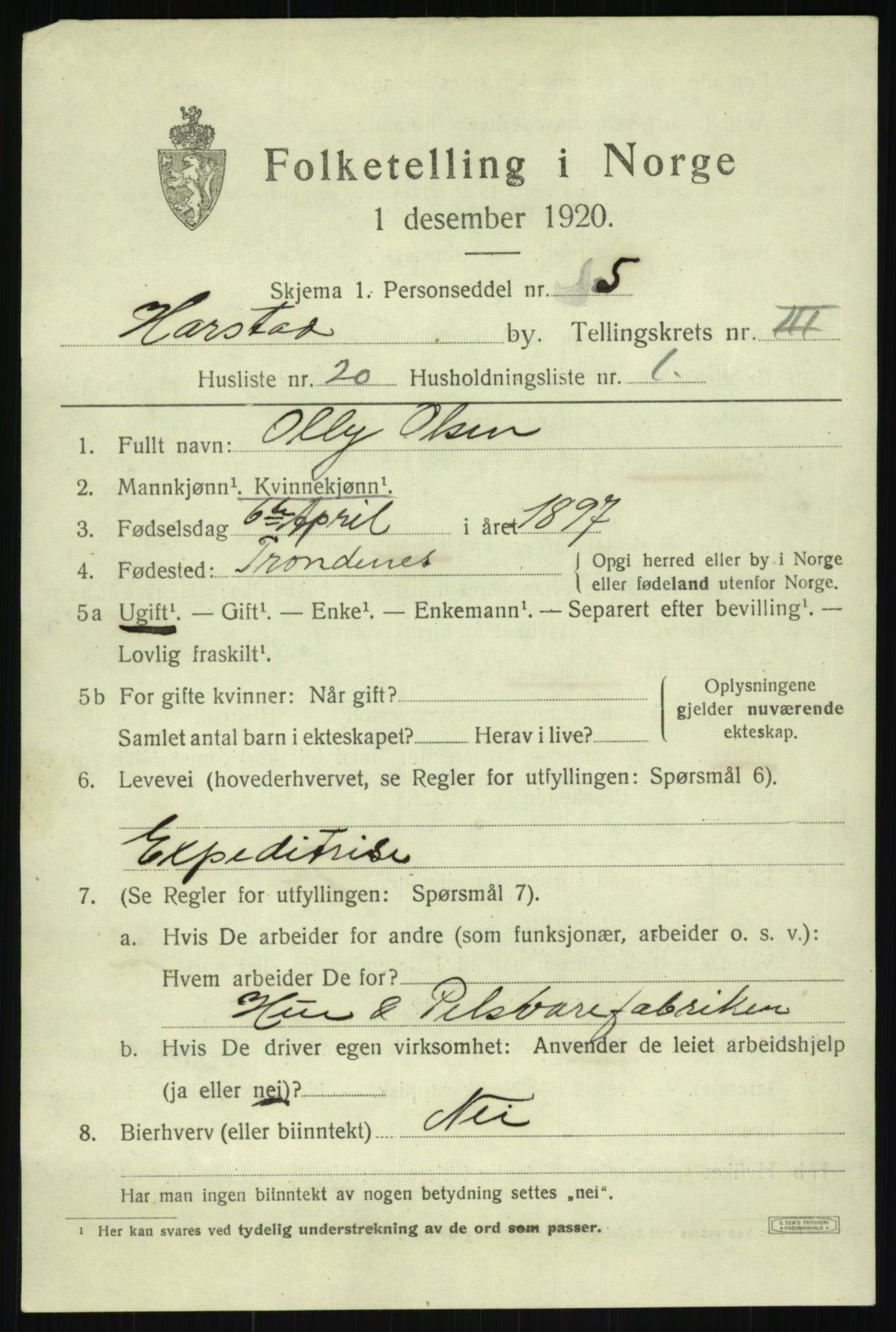 SATØ, 1920 census for Harstad, 1920, p. 4508