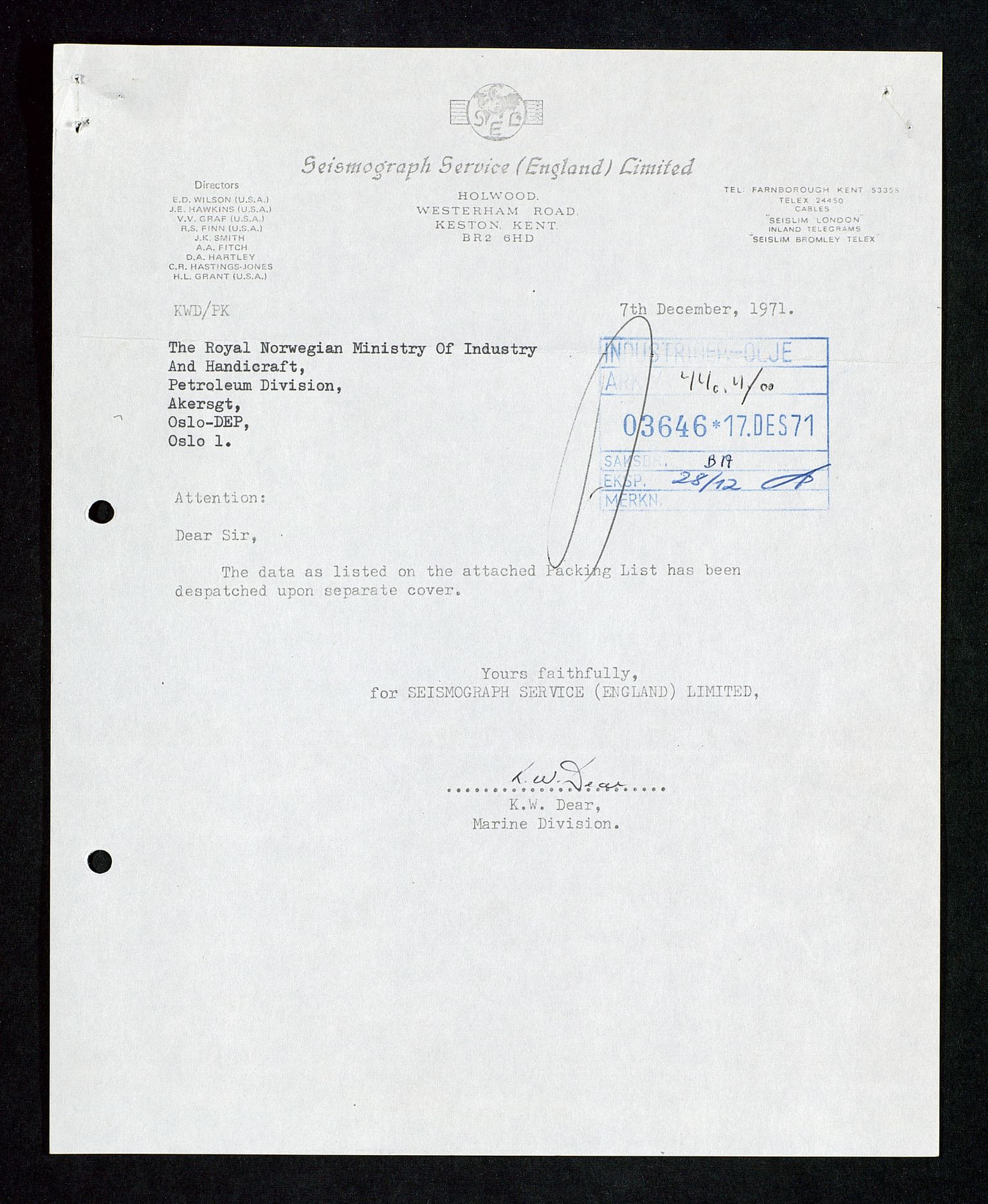 Industridepartementet, Oljekontoret, SAST/A-101348/Da/L0007:  Arkivnøkkel 714 - 722 Seismiske undersøkelser, 1965-1973, p. 442