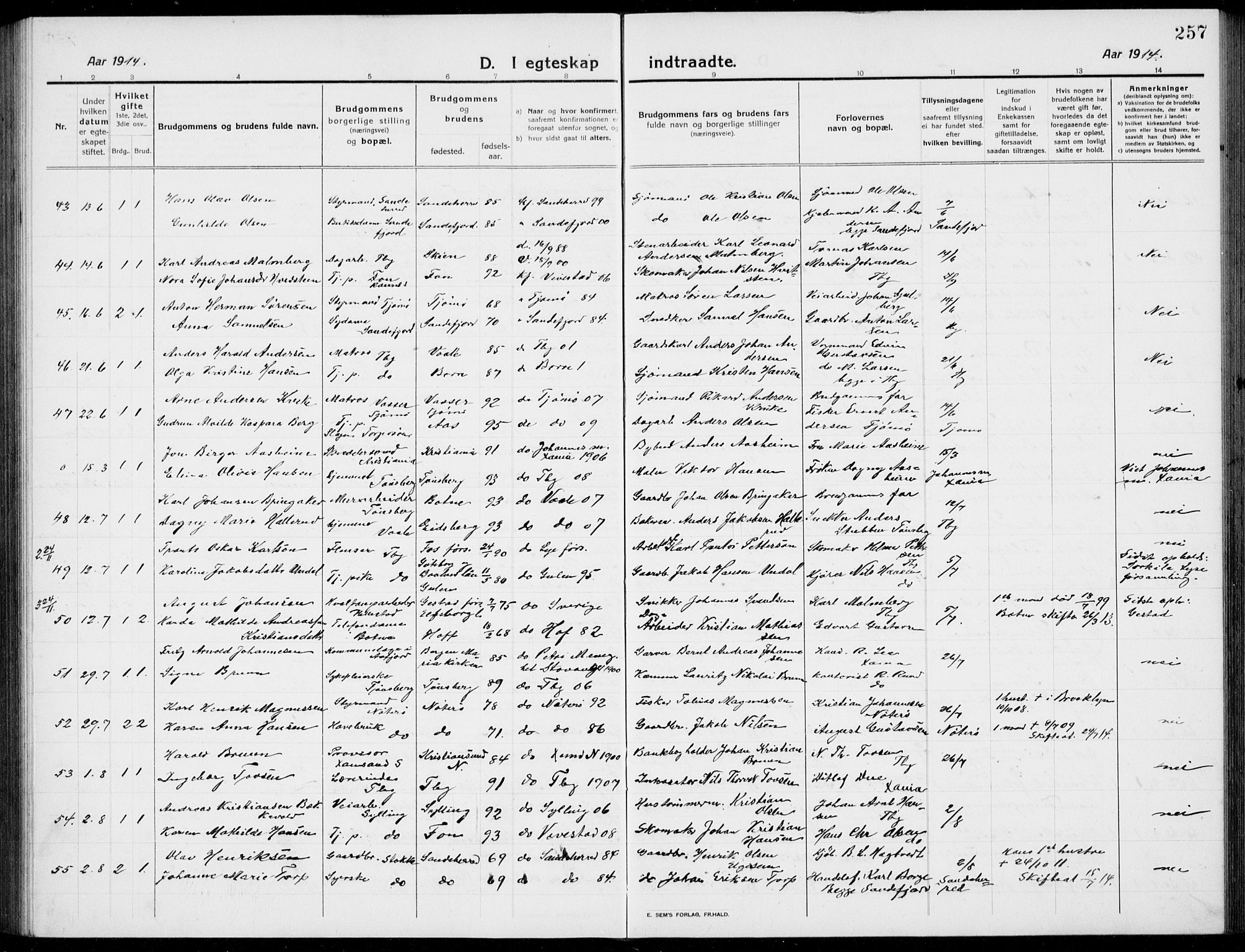 Tønsberg kirkebøker, AV/SAKO-A-330/G/Ga/L0009: Parish register (copy) no. 9, 1913-1920, p. 257