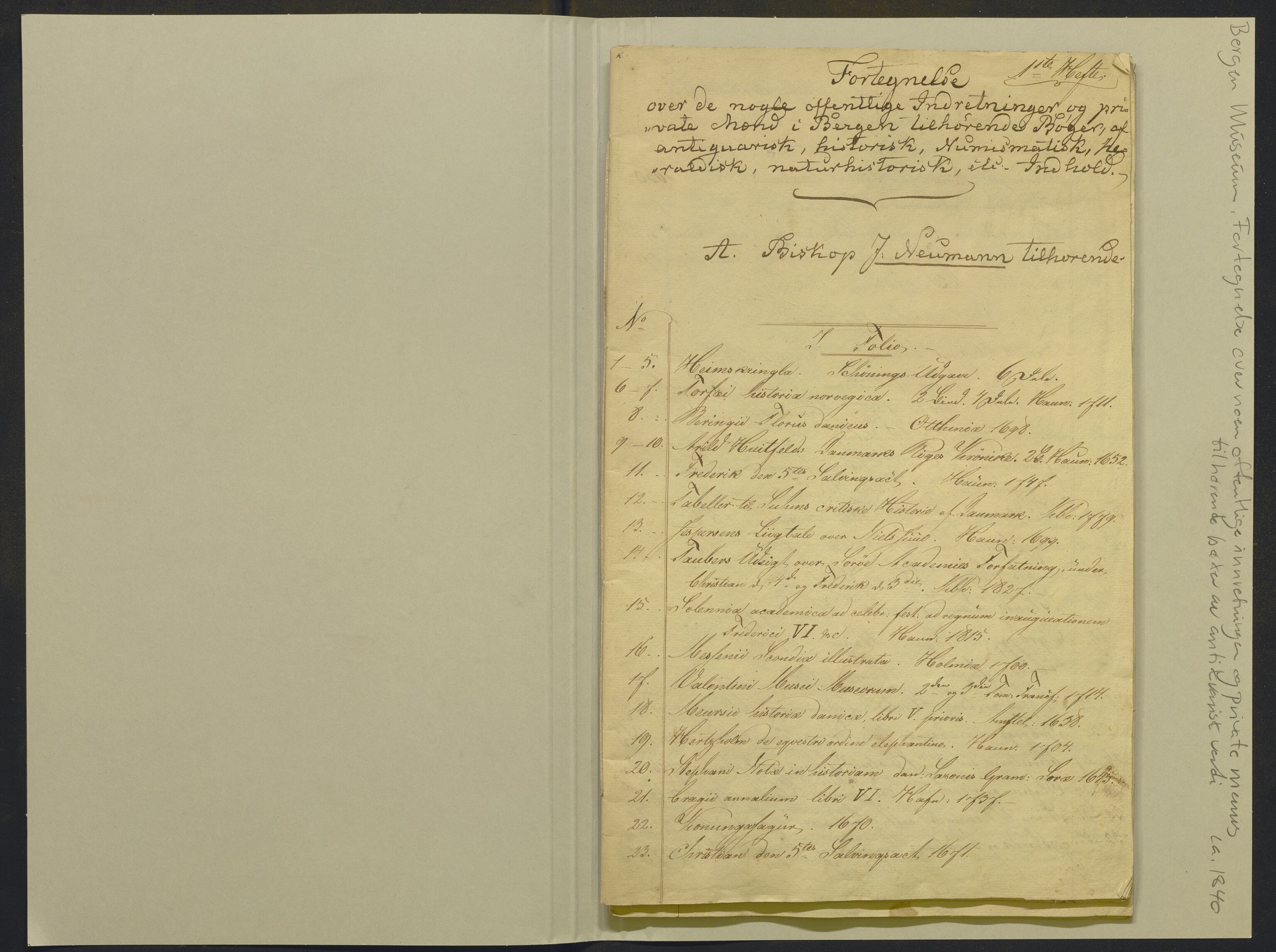 Bergens Museum, AV/SAB-A-17301/02/F/L0001: Kataloger over gjenstander og pergamentbrev , 1825-1880, p. 190