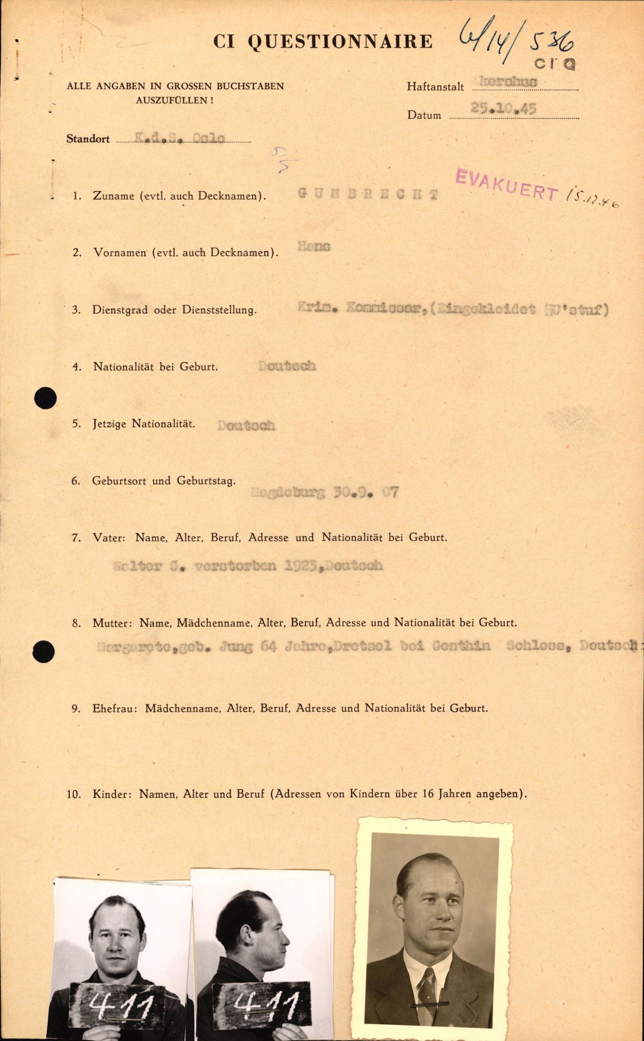 Forsvaret, Forsvarets overkommando II, AV/RA-RAFA-3915/D/Db/L0010: CI Questionaires. Tyske okkupasjonsstyrker i Norge. Tyskere., 1945-1946, p. 629