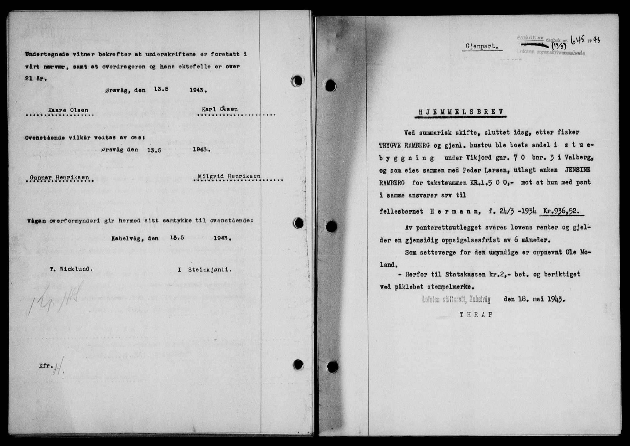 Lofoten sorenskriveri, SAT/A-0017/1/2/2C/L0011a: Mortgage book no. 11a, 1943-1943, Diary no: : 645/1943