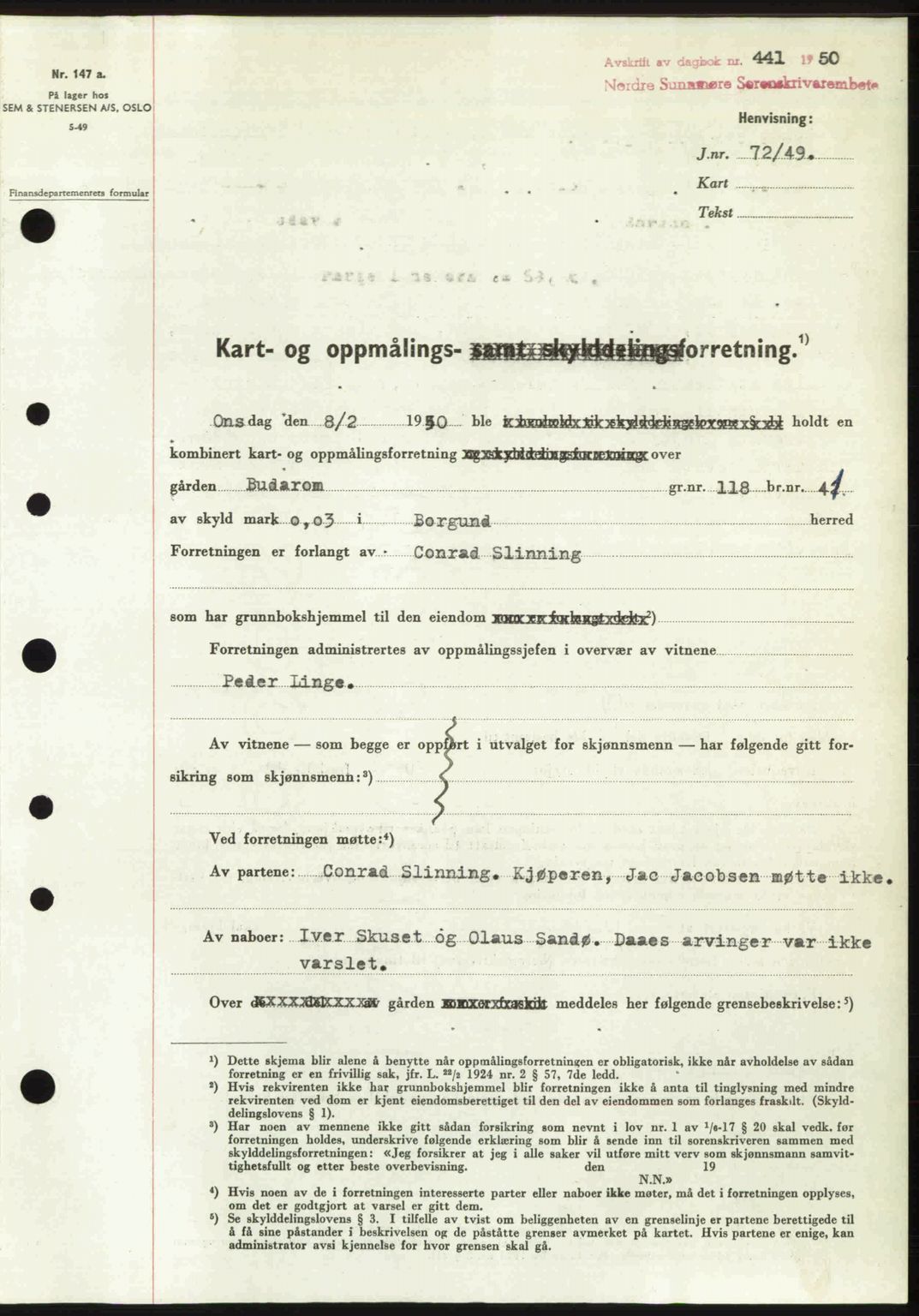 Nordre Sunnmøre sorenskriveri, AV/SAT-A-0006/1/2/2C/2Ca: Mortgage book no. A33, 1949-1950, Diary no: : 441/1950