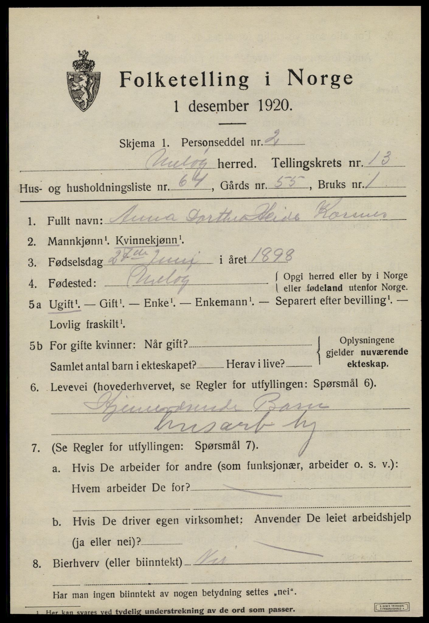 SAT, 1920 census for Meløy, 1920, p. 9141